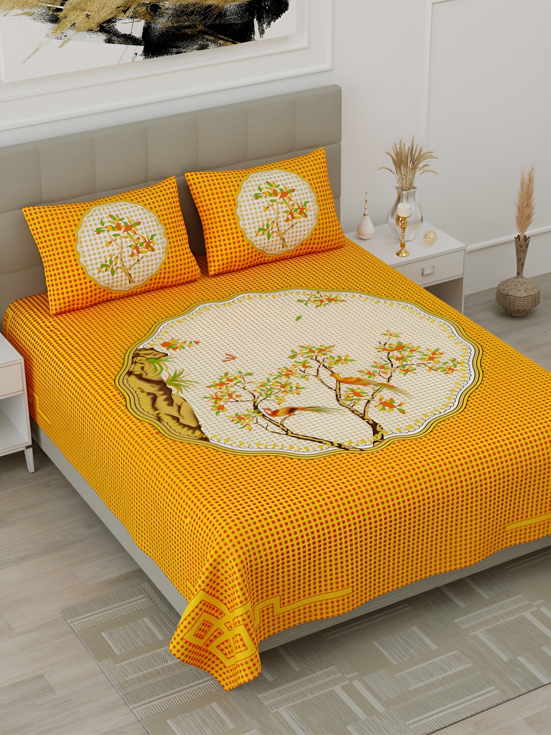 

POORAK Yellow & Green Floral 104 TC Queen Bedsheet with 2 Pillow Covers
