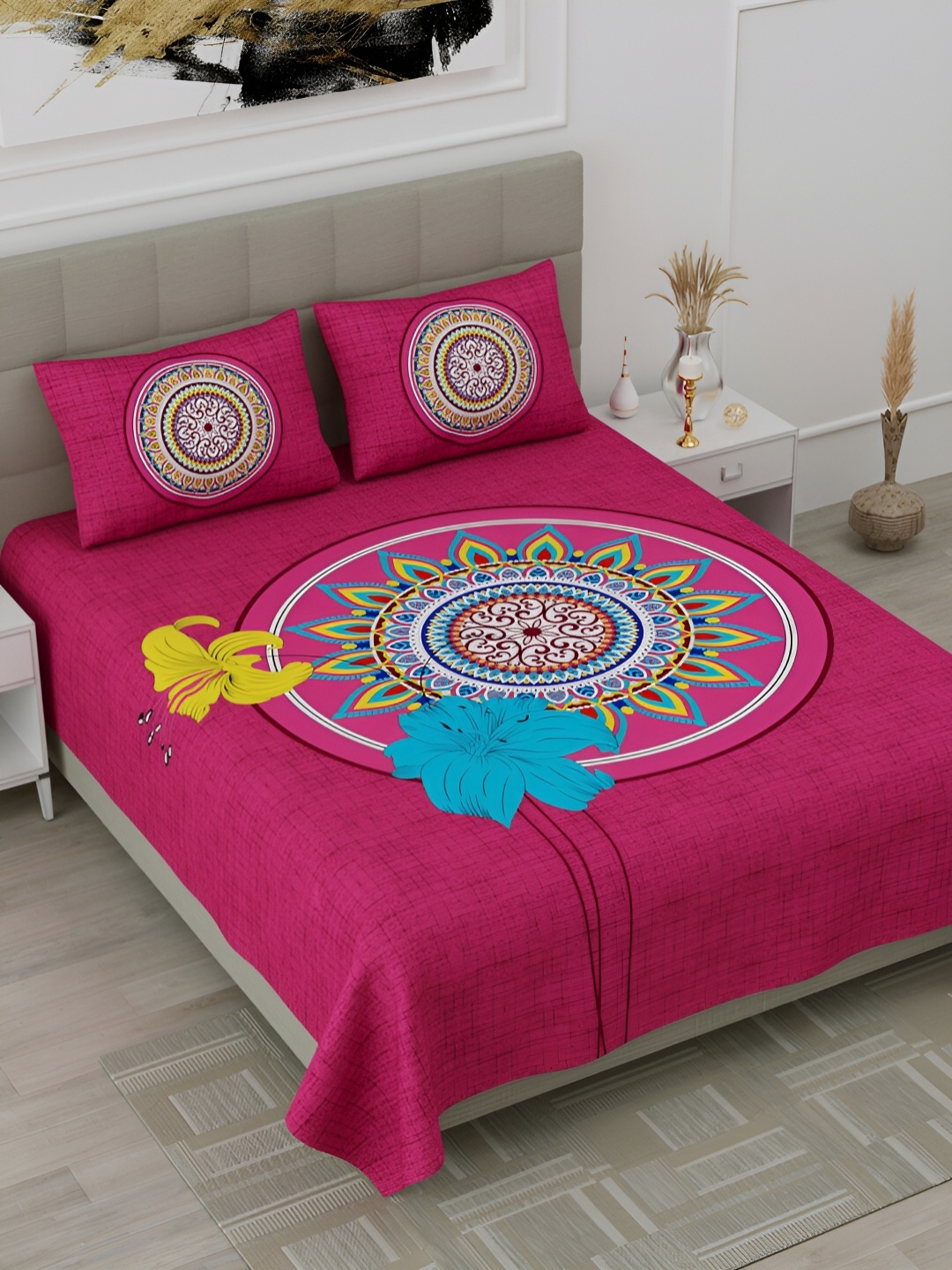 

POORAK Pink & Blue Ethnic Motifs 104 TC Queen Bedsheet with 2 Pillow Covers