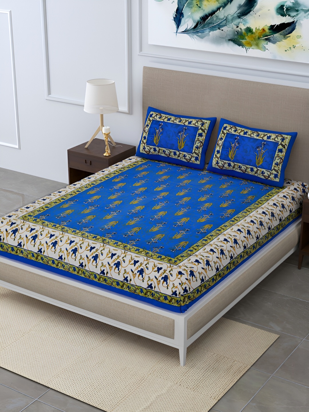 

POORAK Blue & White Ethnic Motifs 104 TC Queen Bedsheet with 2 Pillow Covers