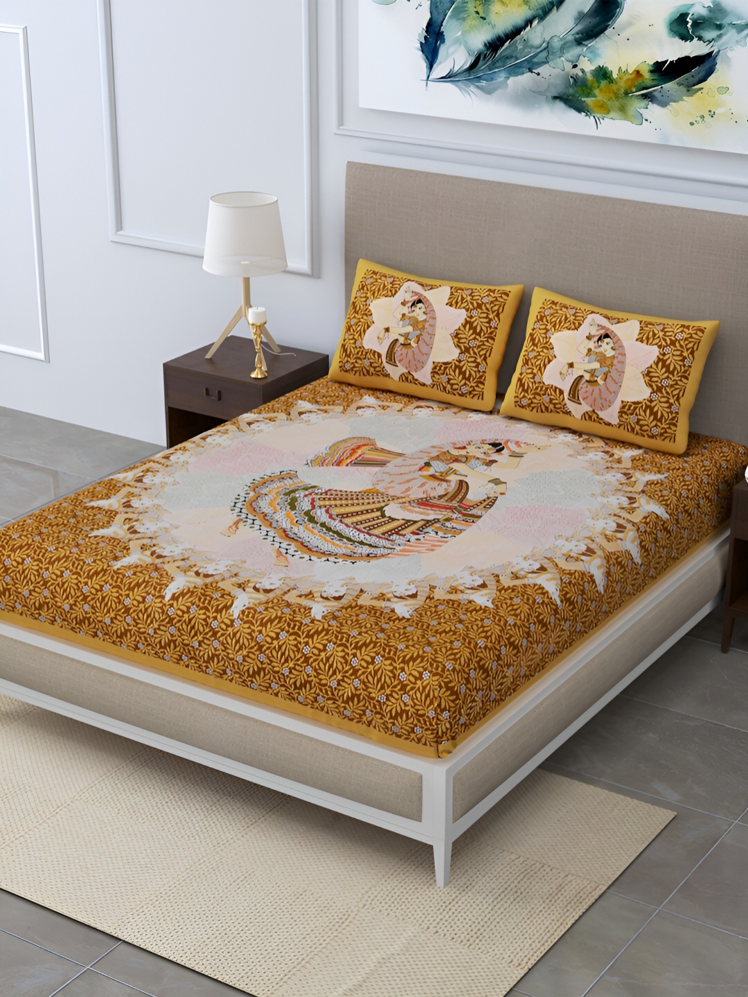 

POORAK Brown & Off White Ethnic Motifs 104 TC Queen Bedsheet with 2 Pillow Covers