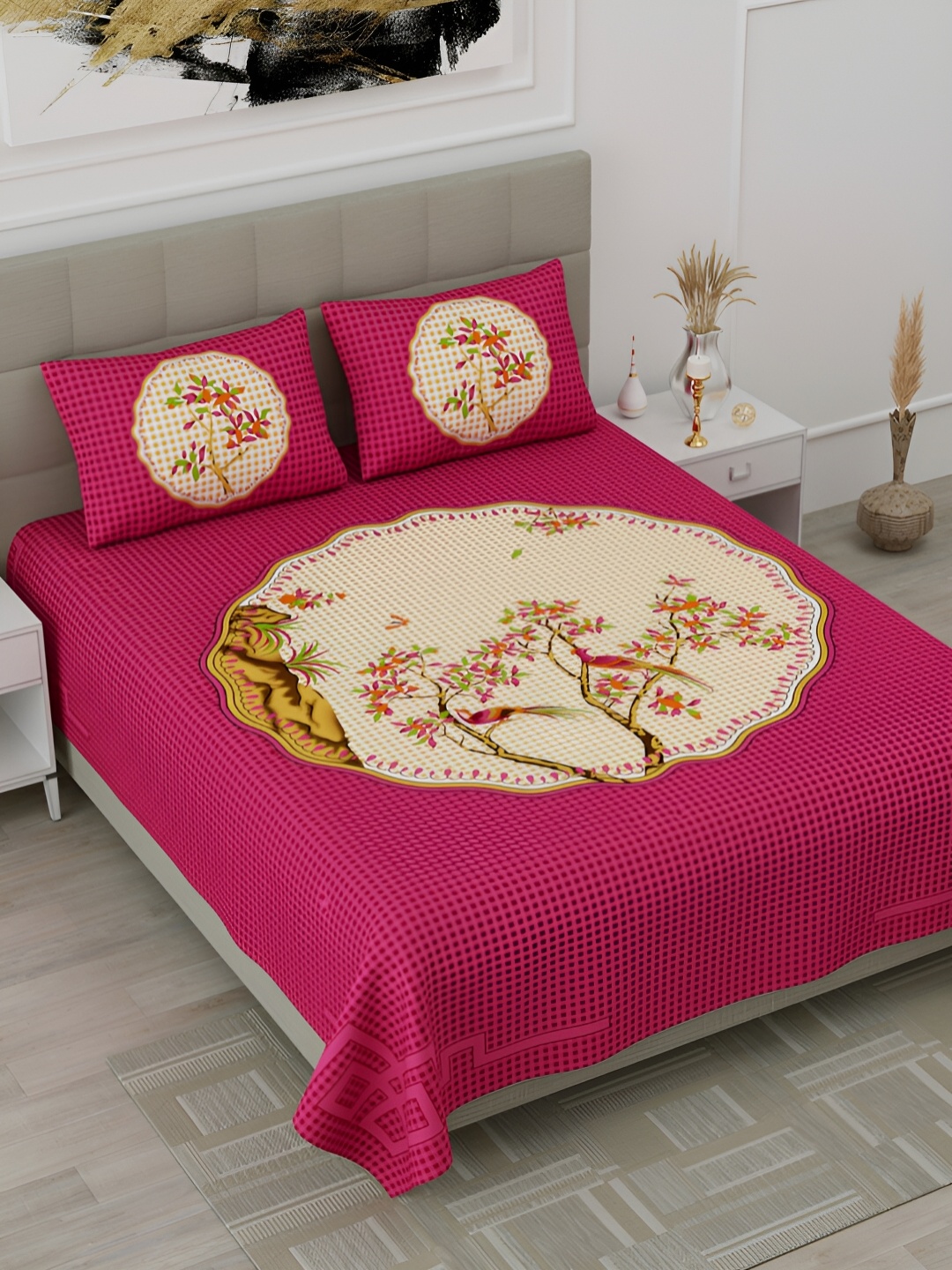 

POORAK Pink & Yellow Floral 104 TC Queen Bedsheet with 2 Pillow Covers