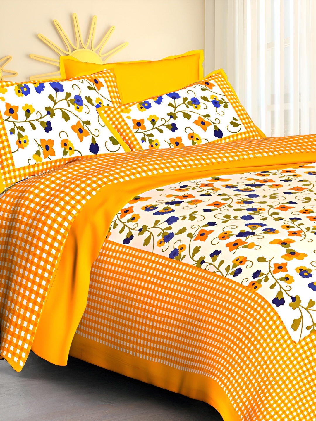 

POORAK Yellow & White Floral 104 TC Queen Bedsheet with 2 Pillow Covers