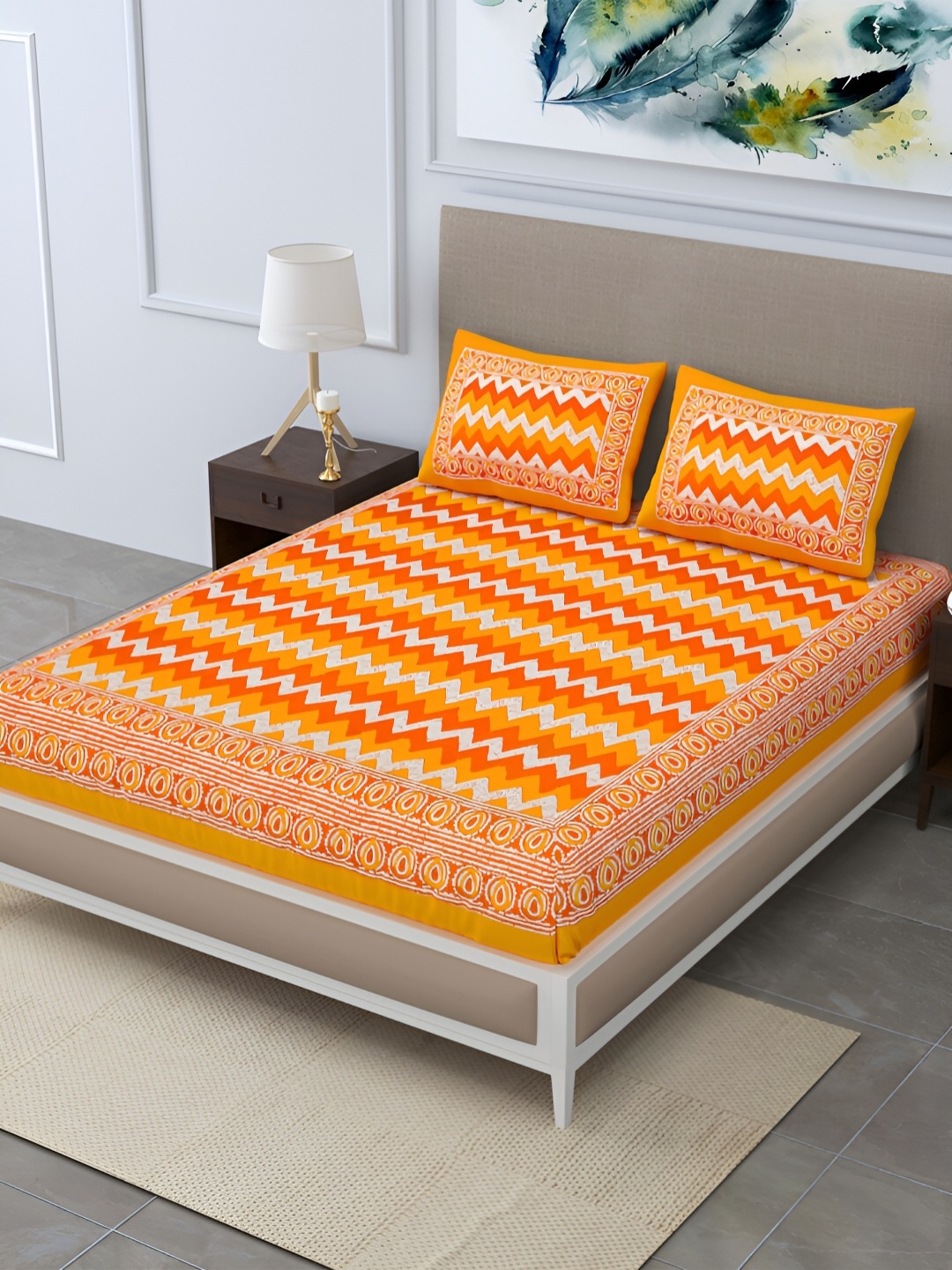 

POORAK Orange & Yellow Geometric 104 TC Queen Bedsheet with 2 Pillow Covers