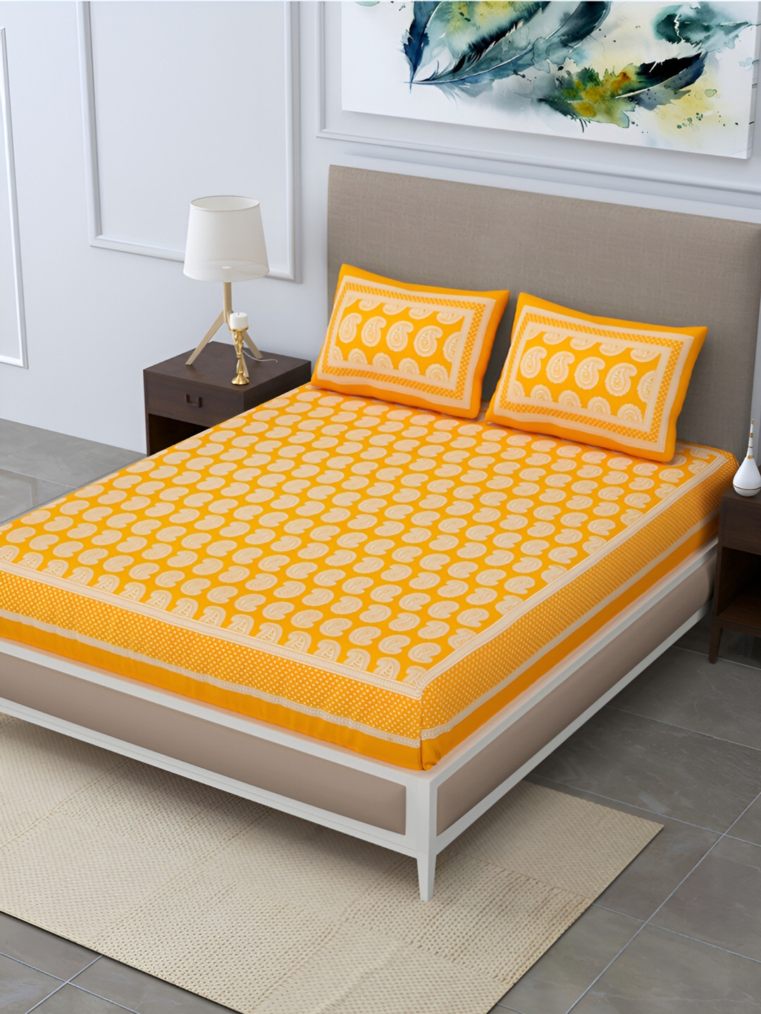 

POORAK Yellow & White Ethnic Motifs 104 TC Queen Bedsheet with 2 Pillow Covers