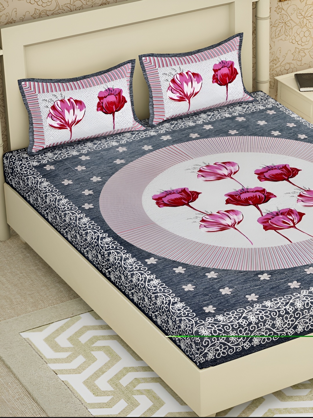 

POORAK Grey & Pink Floral 104 TC Queen Bedsheet with 2 Pillow Covers