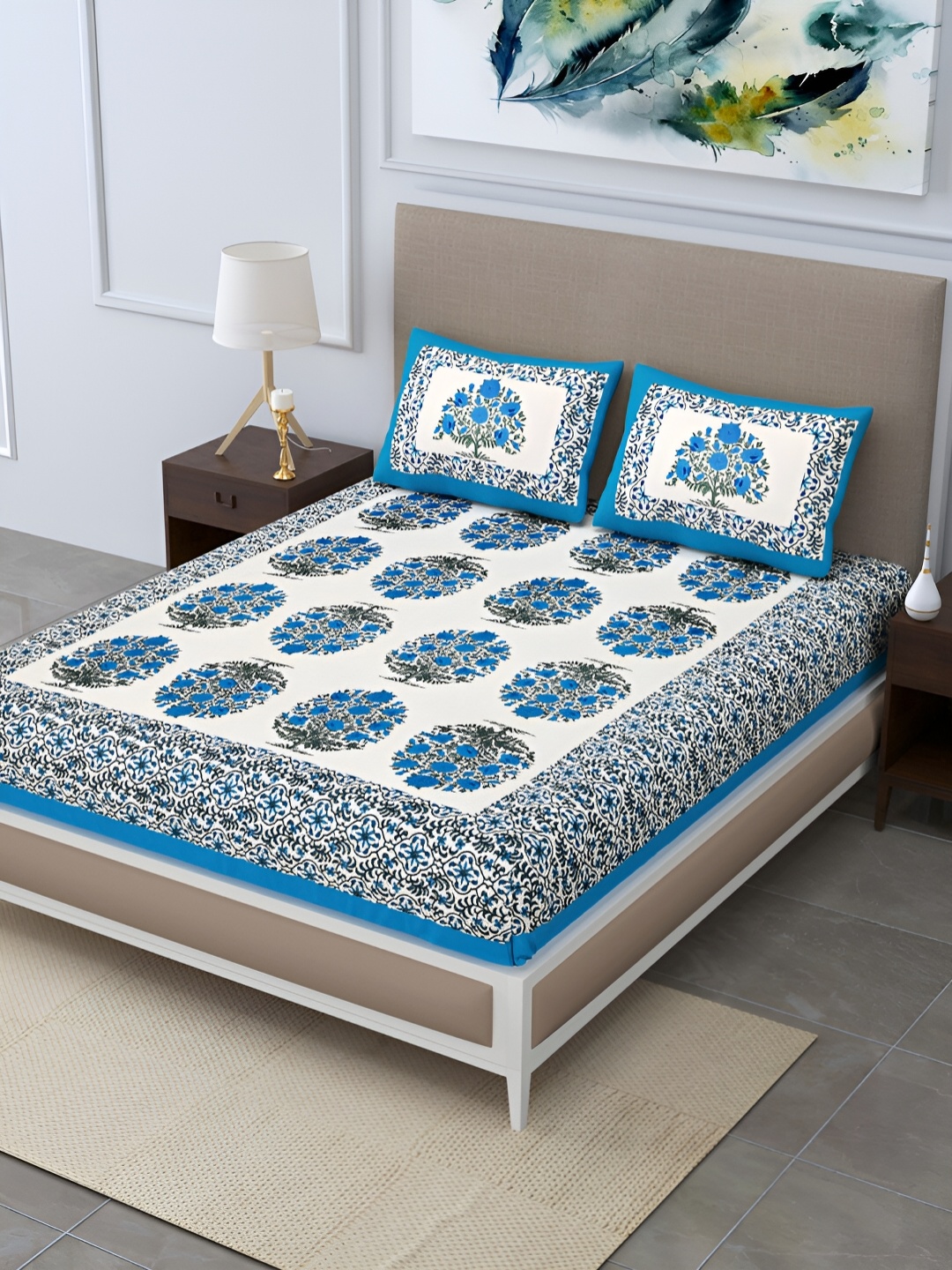 

POORAK Blue & White Ethnic Motifs 104 TC Queen Bedsheet with 2 Pillow Covers