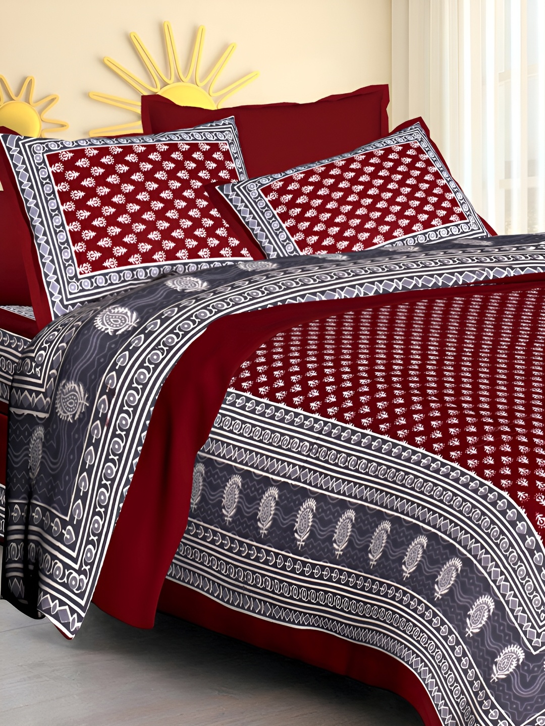 

POORAK Maroon & Grey Ethnic Motifs 104 TC Queen Bedsheet with 2 Pillow Covers
