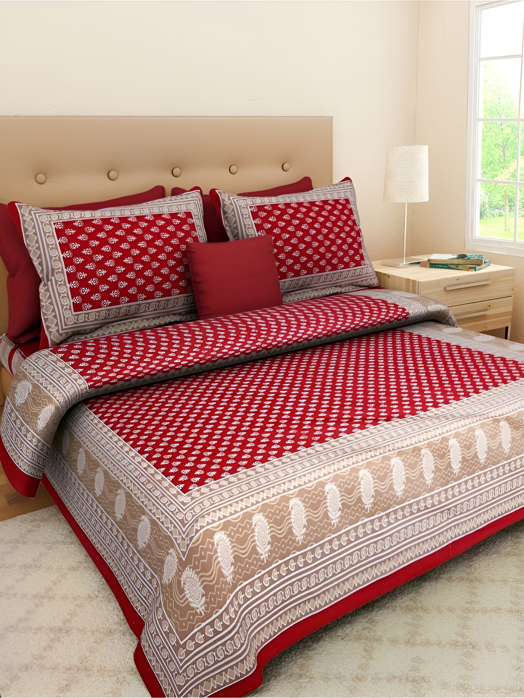 

POORAK Red & White Ethnic Motifs 104 TC Queen Bedsheet with 2 Pillow Covers