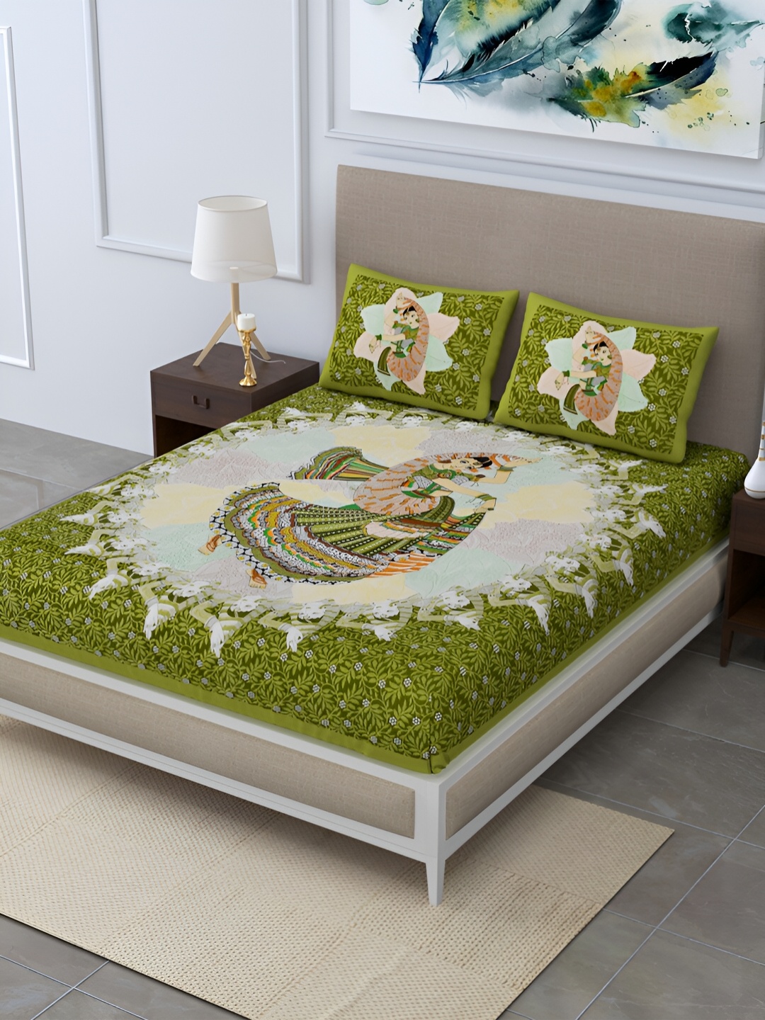 

POORAK Green & Orange Ethnic Motifs 104 TC Queen Bedsheet with 2 Pillow Covers