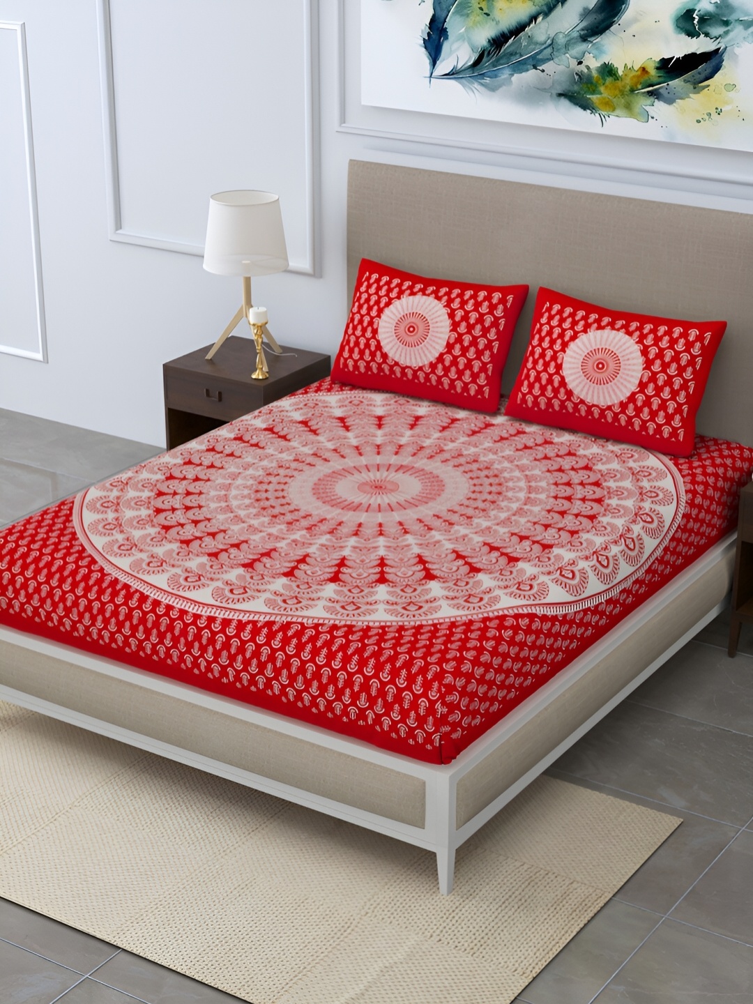 

POORAK Red & White Ethnic Motifs 104 TC Queen Bedsheet with 2 Pillow Covers