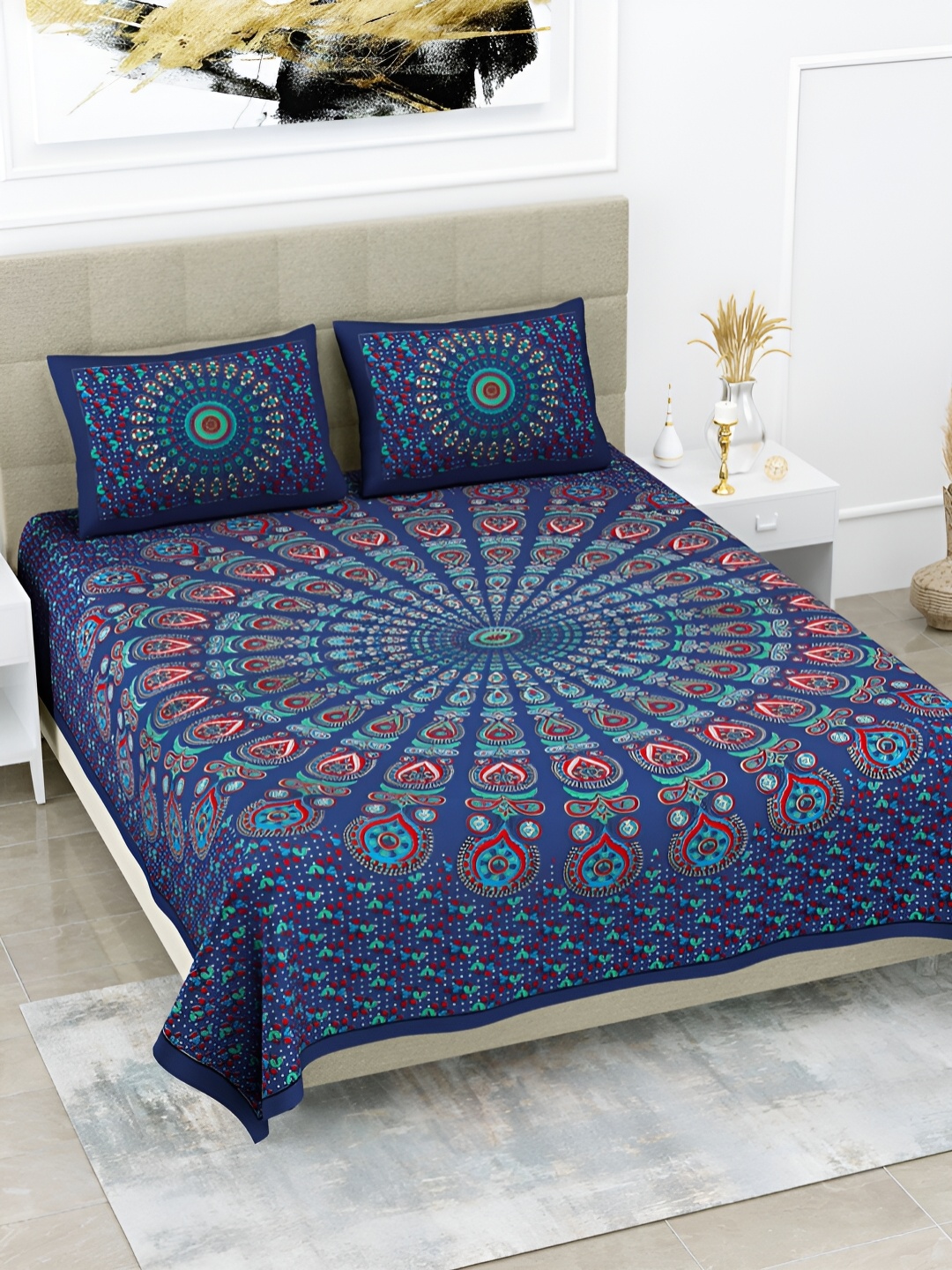 

POORAK Blue & Green Ethnic Motifs 104 TC Queen Bedsheet with 2 Pillow Covers