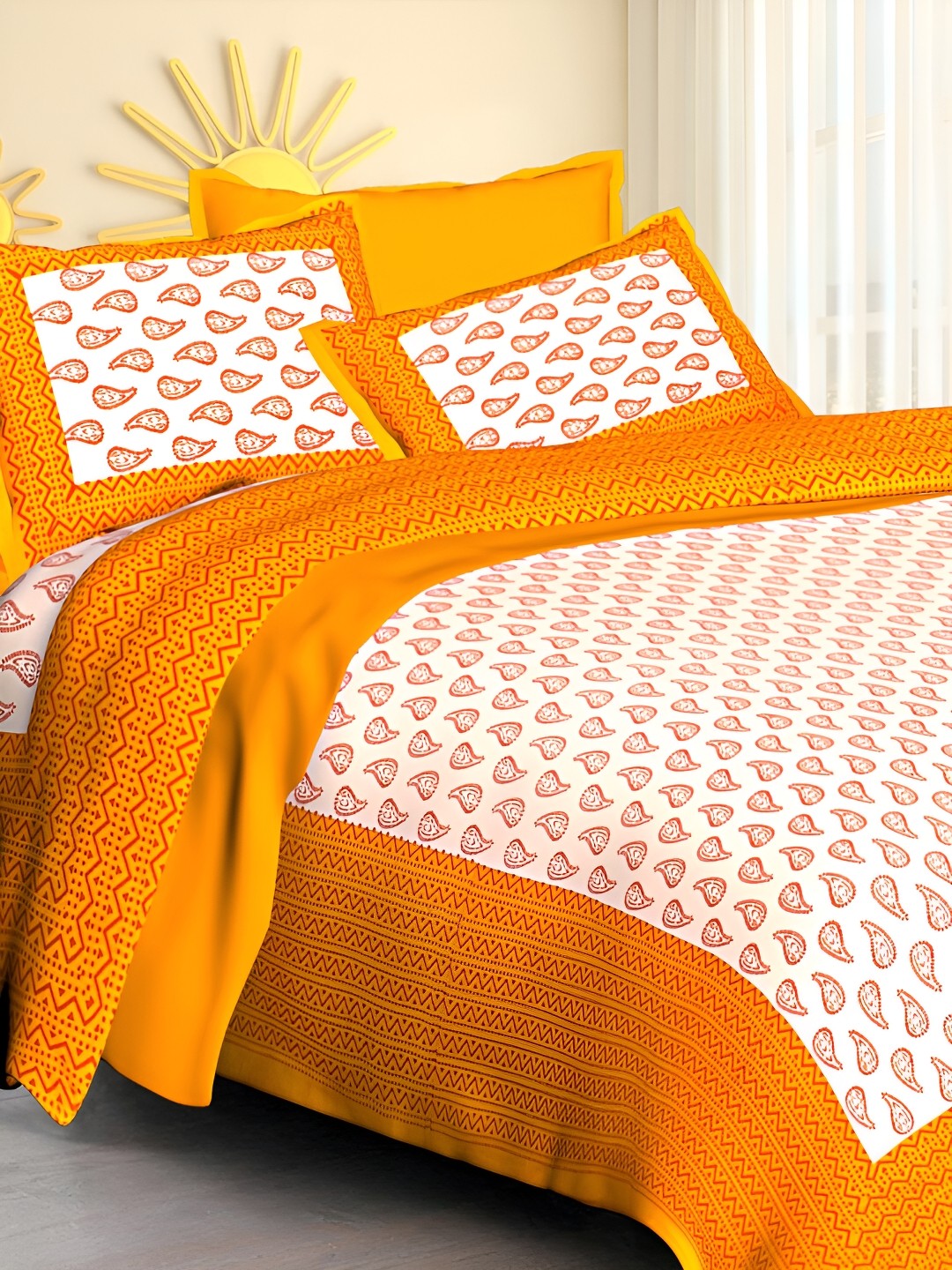 

POORAK Orange & White Ethnic Motifs 104 TC Queen Bedsheet with 2 Pillow Covers