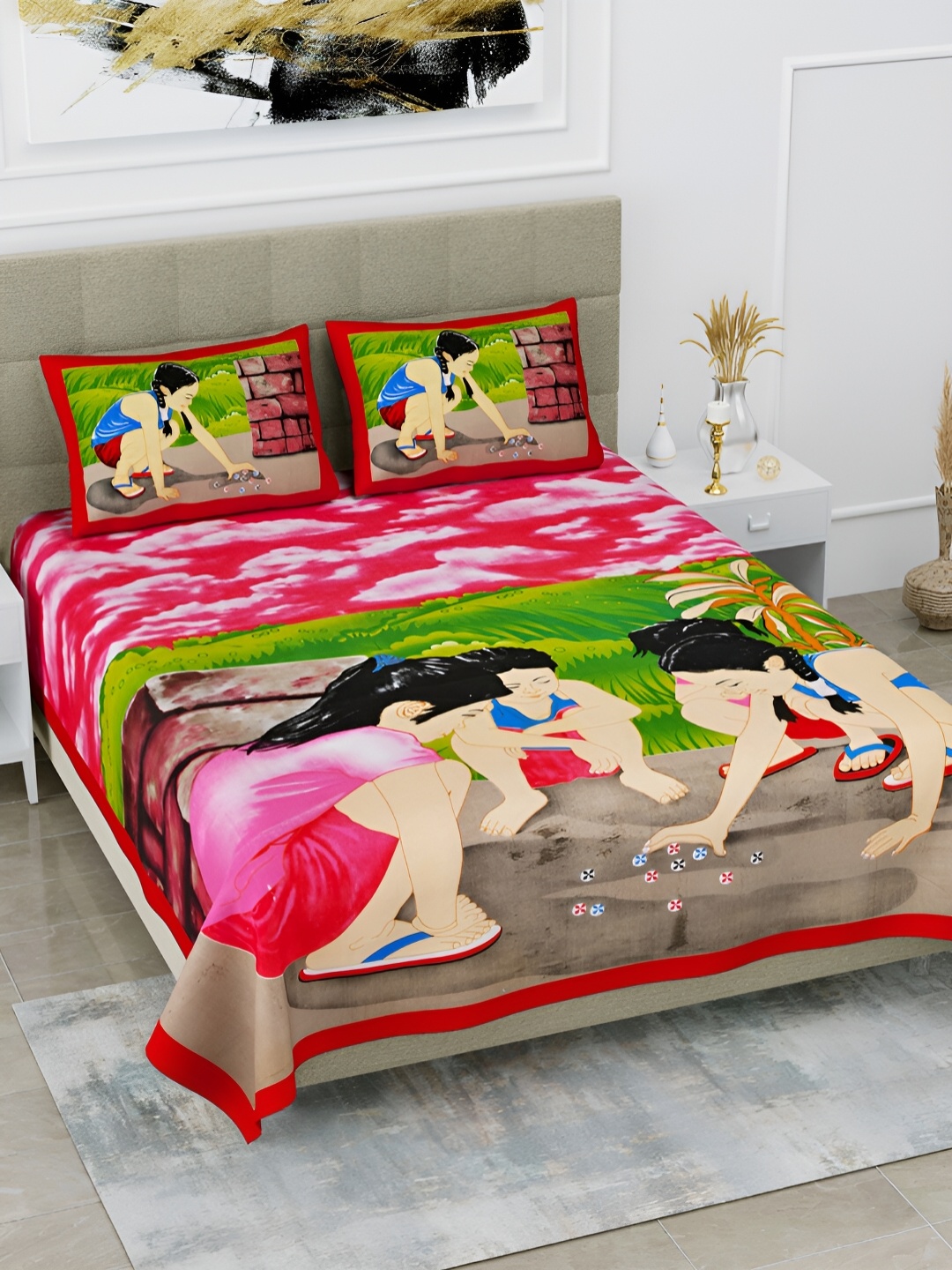 

POORAK Pink & Beige Ethnic Motifs 104 TC Queen Bedsheet with 2 Pillow Covers