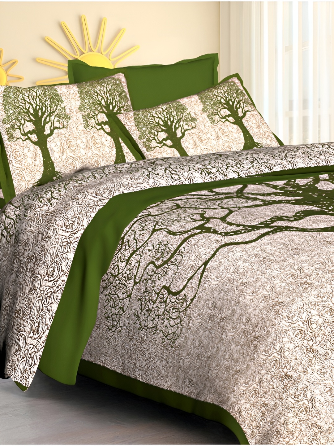 

POORAK Green & White Floral 104 TC Queen Bedsheet with 2 Pillow Covers