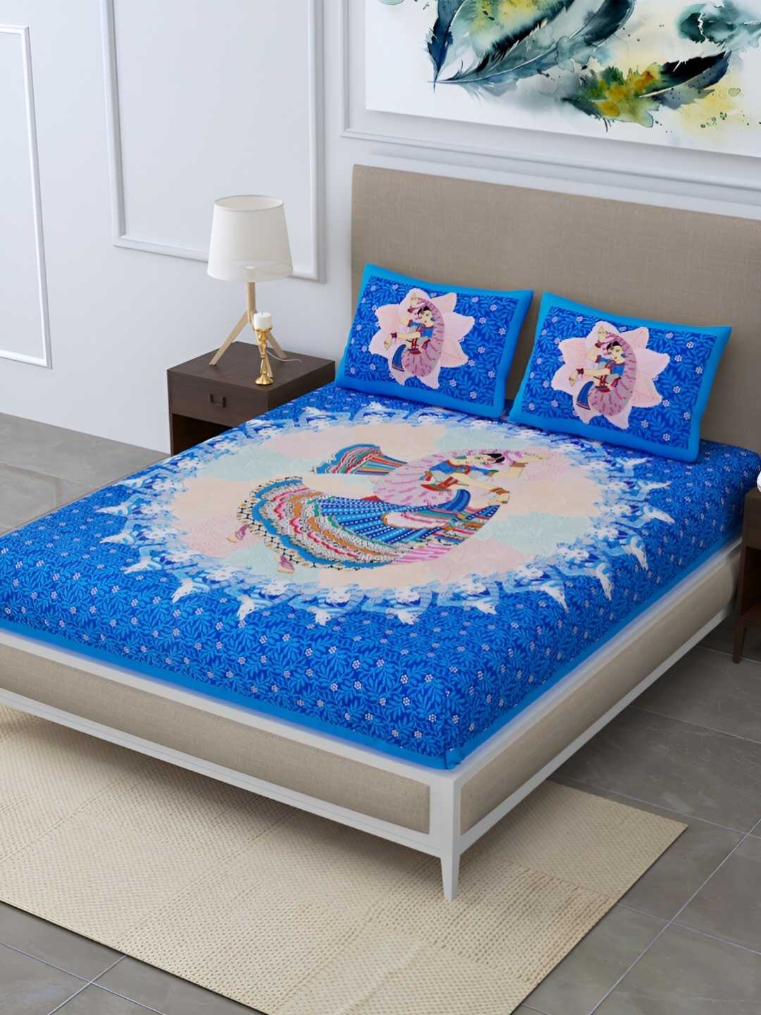 

POORAK Blue & Brown Ethnic Motifs 104 TC Queen Bedsheet with 2 Pillow Covers