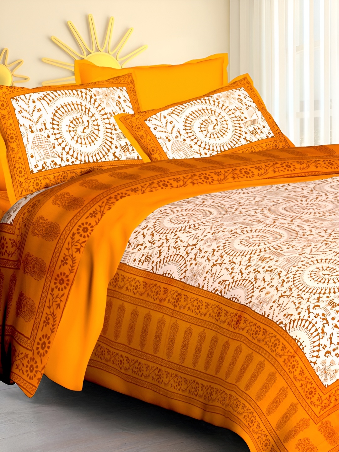 

POORAK Orange & White Ethnic Motifs 104 TC Queen Bedsheet with 2 Pillow Covers
