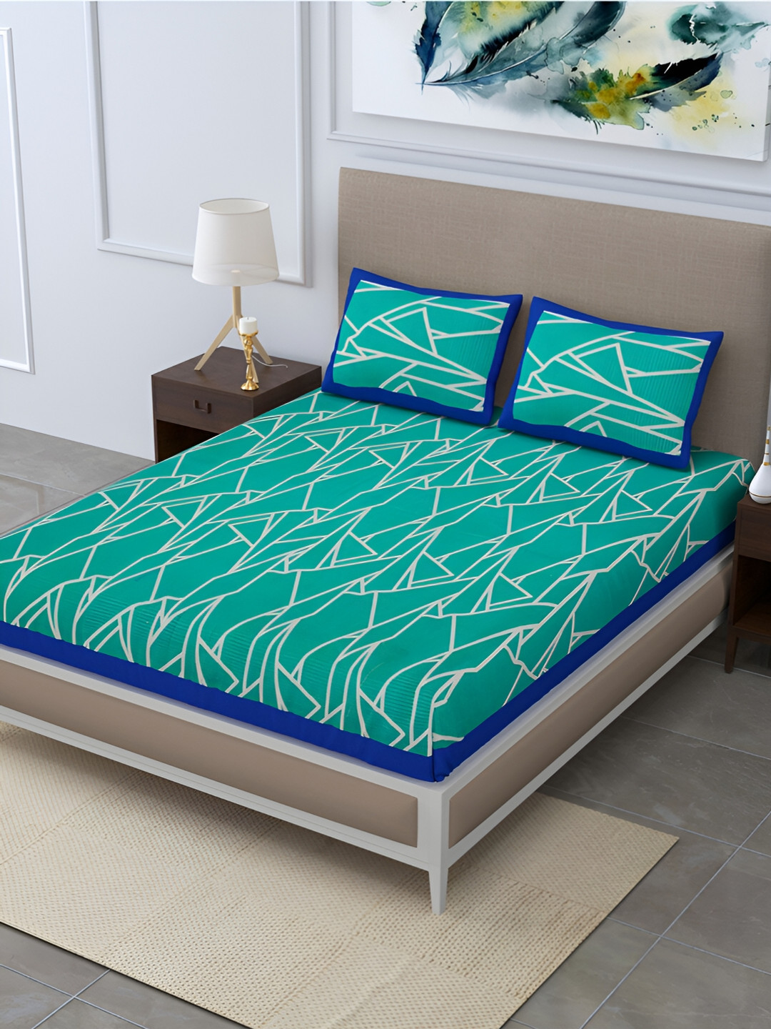 

POORAK Green & White Geometric 104 TC Queen Bedsheet with 2 Pillow Covers