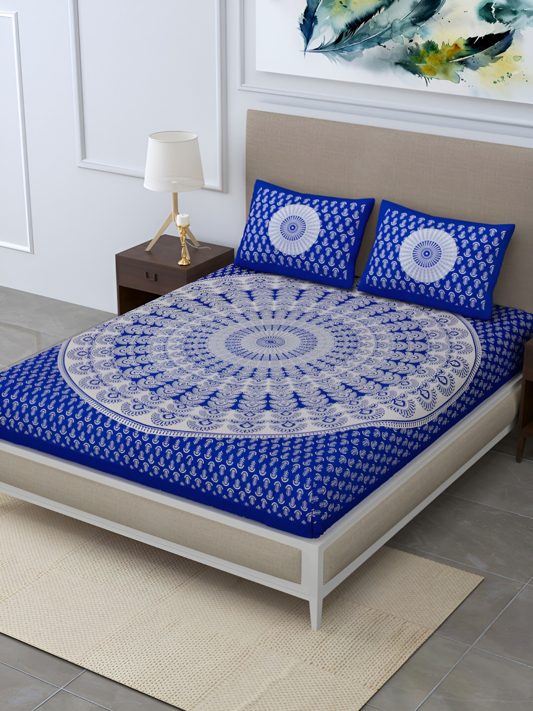 

POORAK Blue & White Ethnic Motifs 104 TC Queen Bedsheet with 2 Pillow Covers