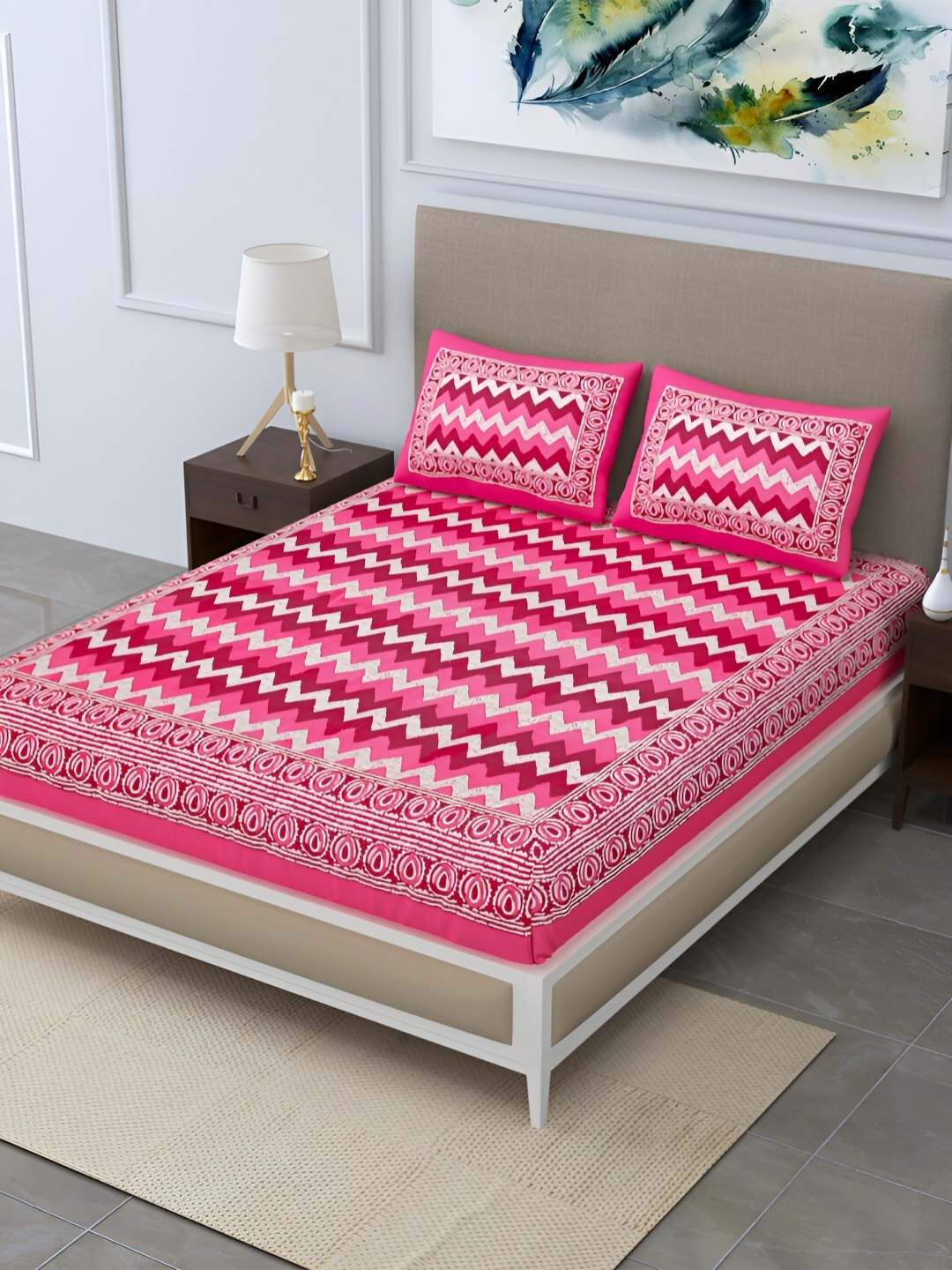 

POORAK Pink & White Geometric 104 TC Queen Bedsheet with 2 Pillow Covers
