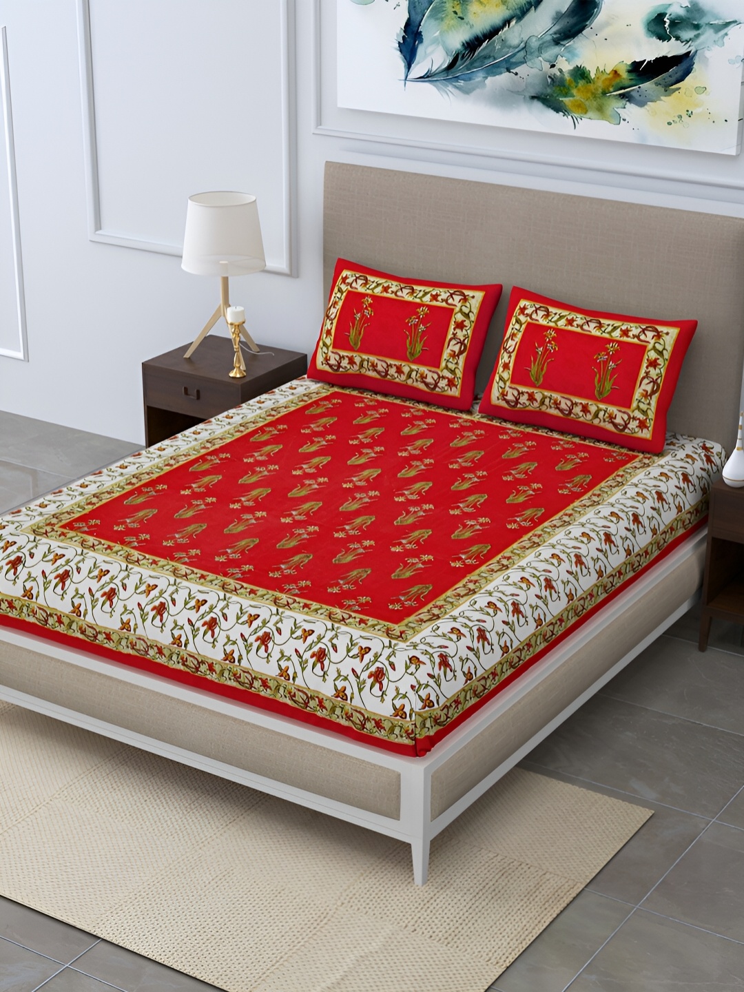 

POORAK Red & Yellow Floral 104 TC Queen Bedsheet with 2 Pillow Covers