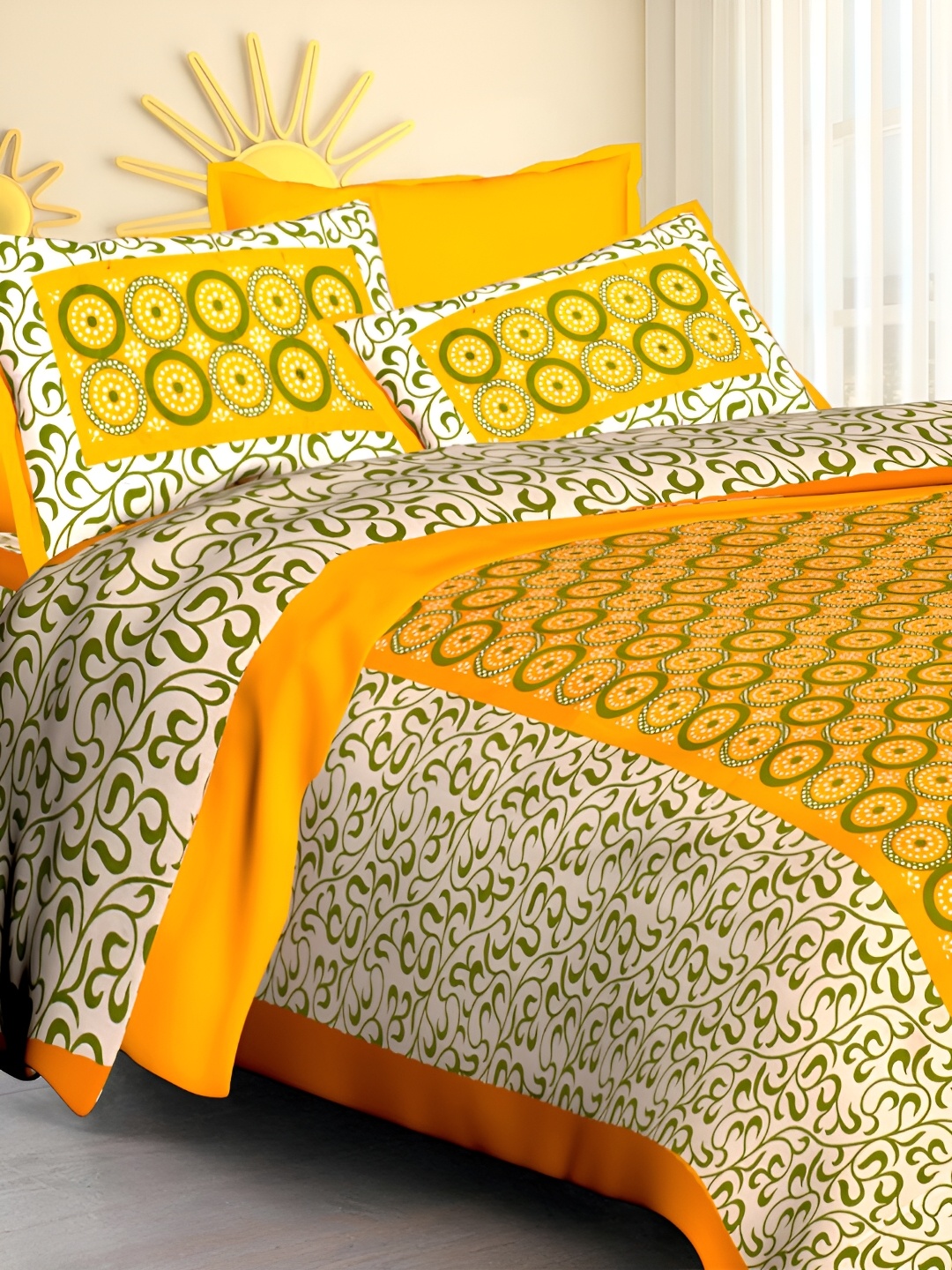 

POORAK Yellow & Green Ethnic Motifs 104 TC Queen Bedsheet with 2 Pillow Covers