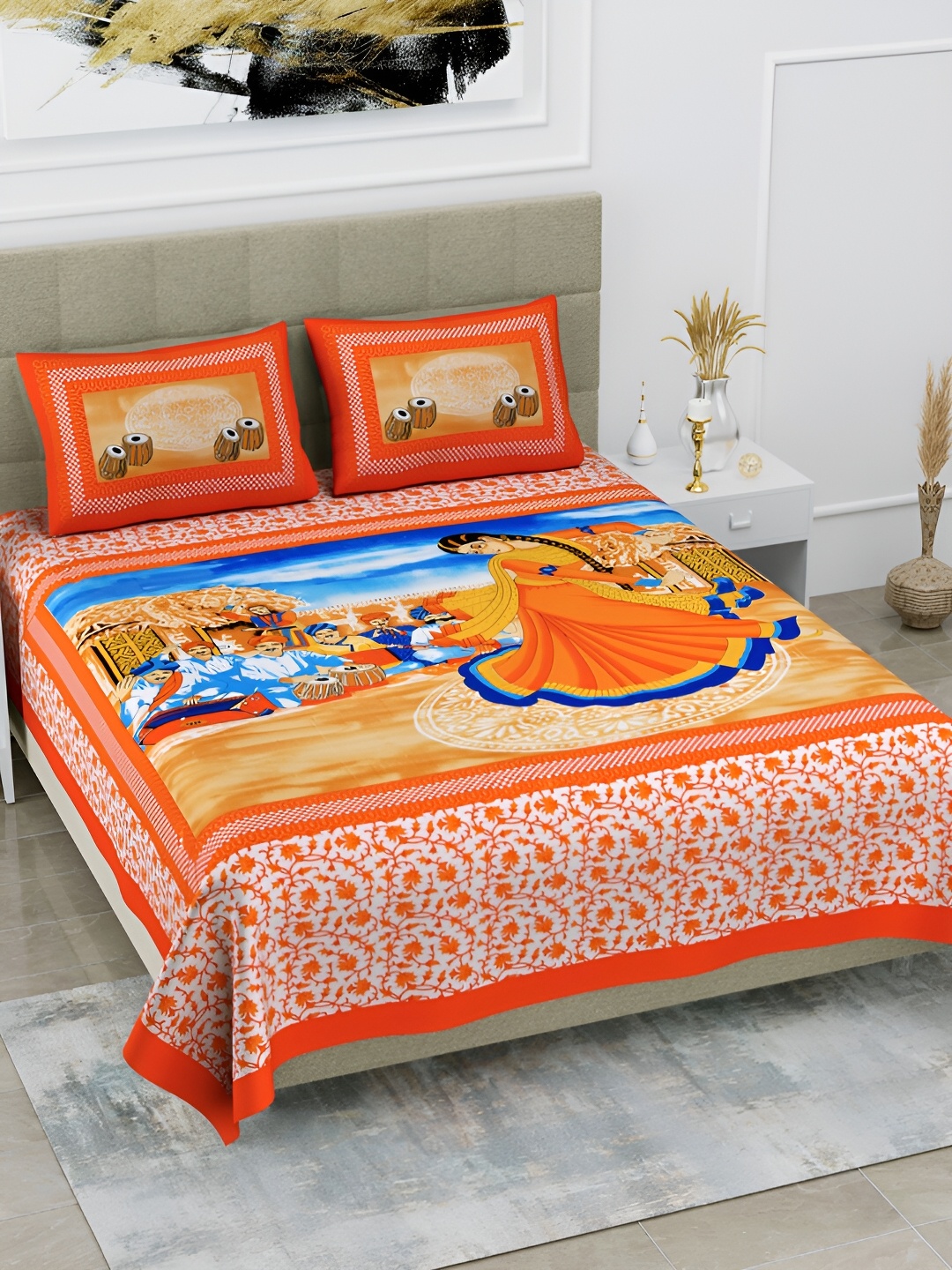 

POORAK Orange & Blue Ethnic Motifs 104 TC Queen Bedsheet with 2 Pillow Covers