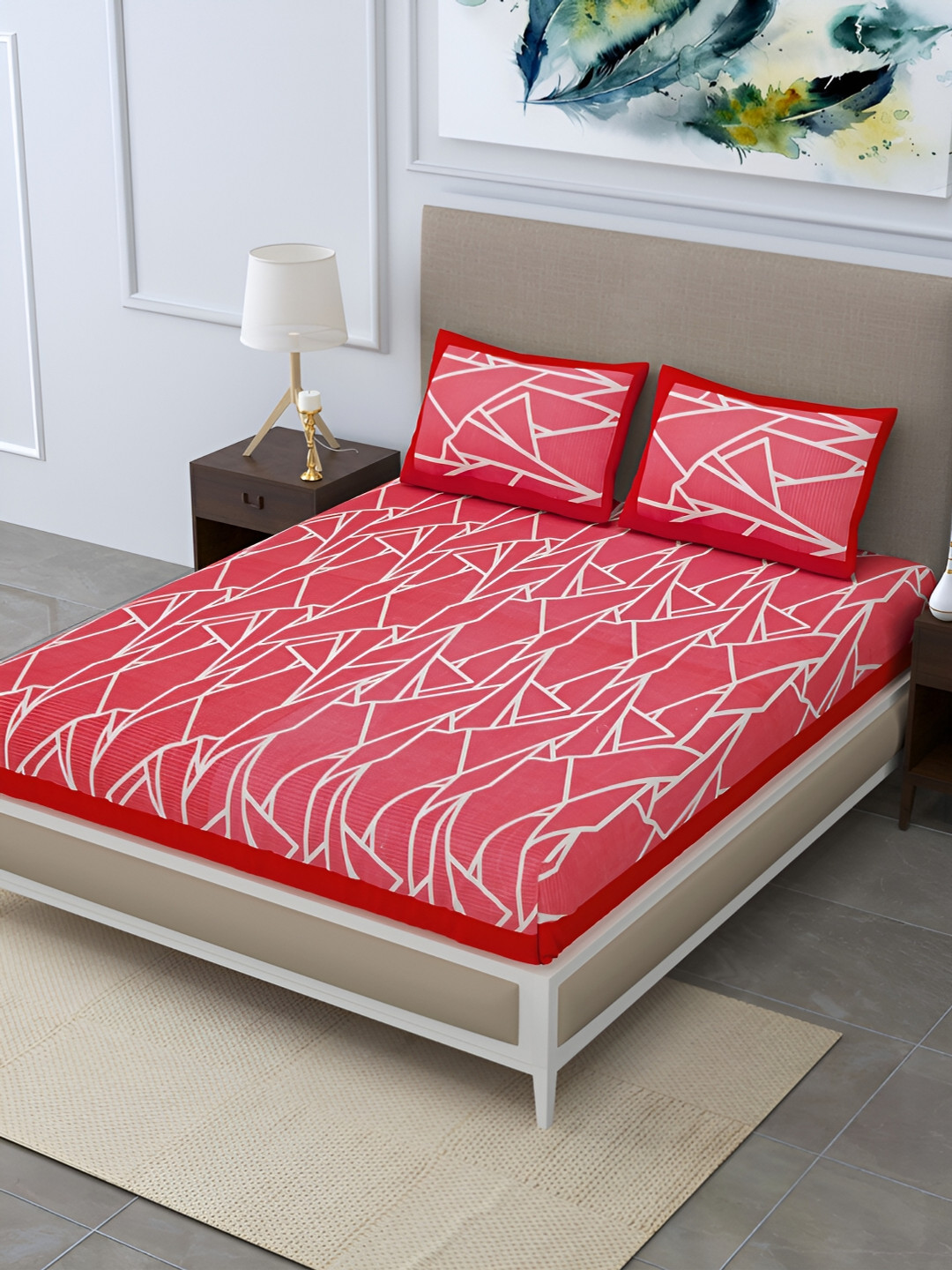 

POORAK Red & White Geometric 104 TC Queen Bedsheet with 2 Pillow Covers