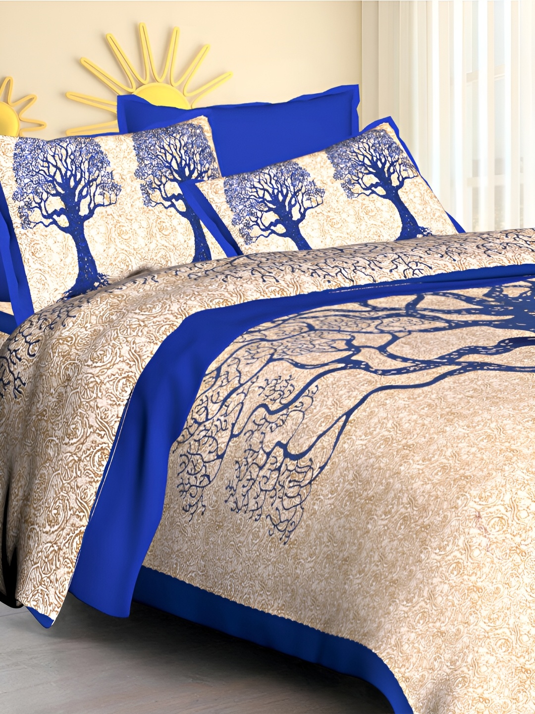 

POORAK Blue & Beige Floral 104 TC Queen Bedsheet with 2 Pillow Covers