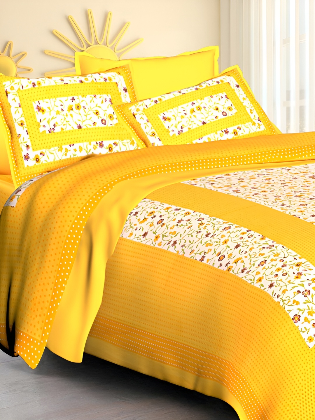 

POORAK Yellow & White Ethnic Motifs 104 TC Queen Bedsheet with 2 Pillow Covers