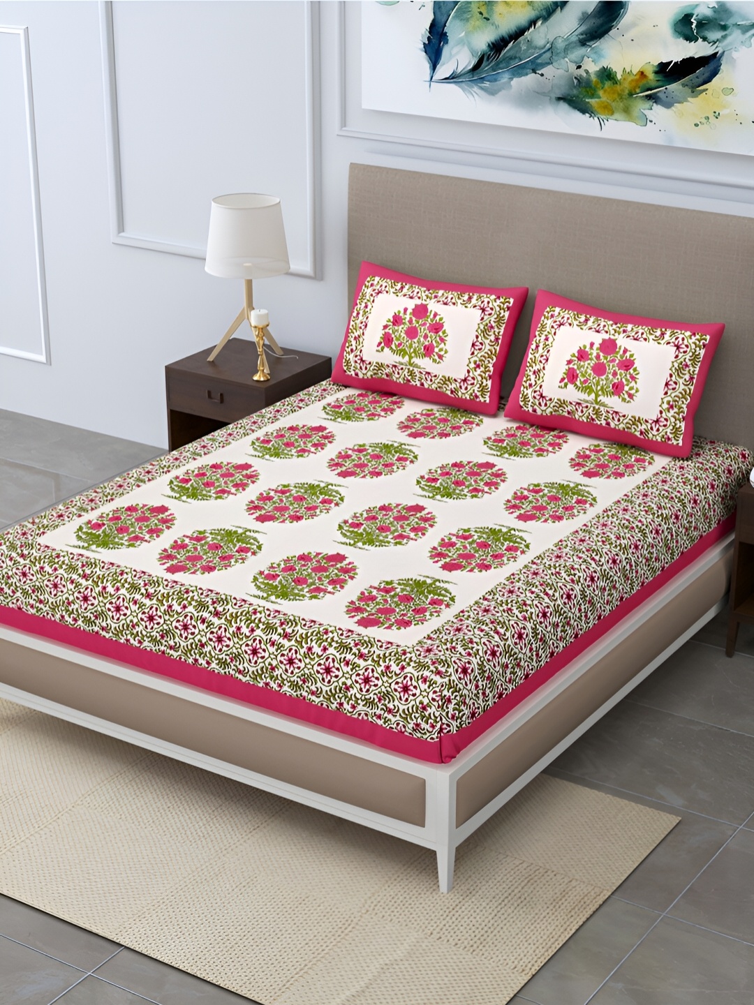 

POORAK Green & White Ethnic Motifs 104 TC Queen Bedsheet with 2 Pillow Covers