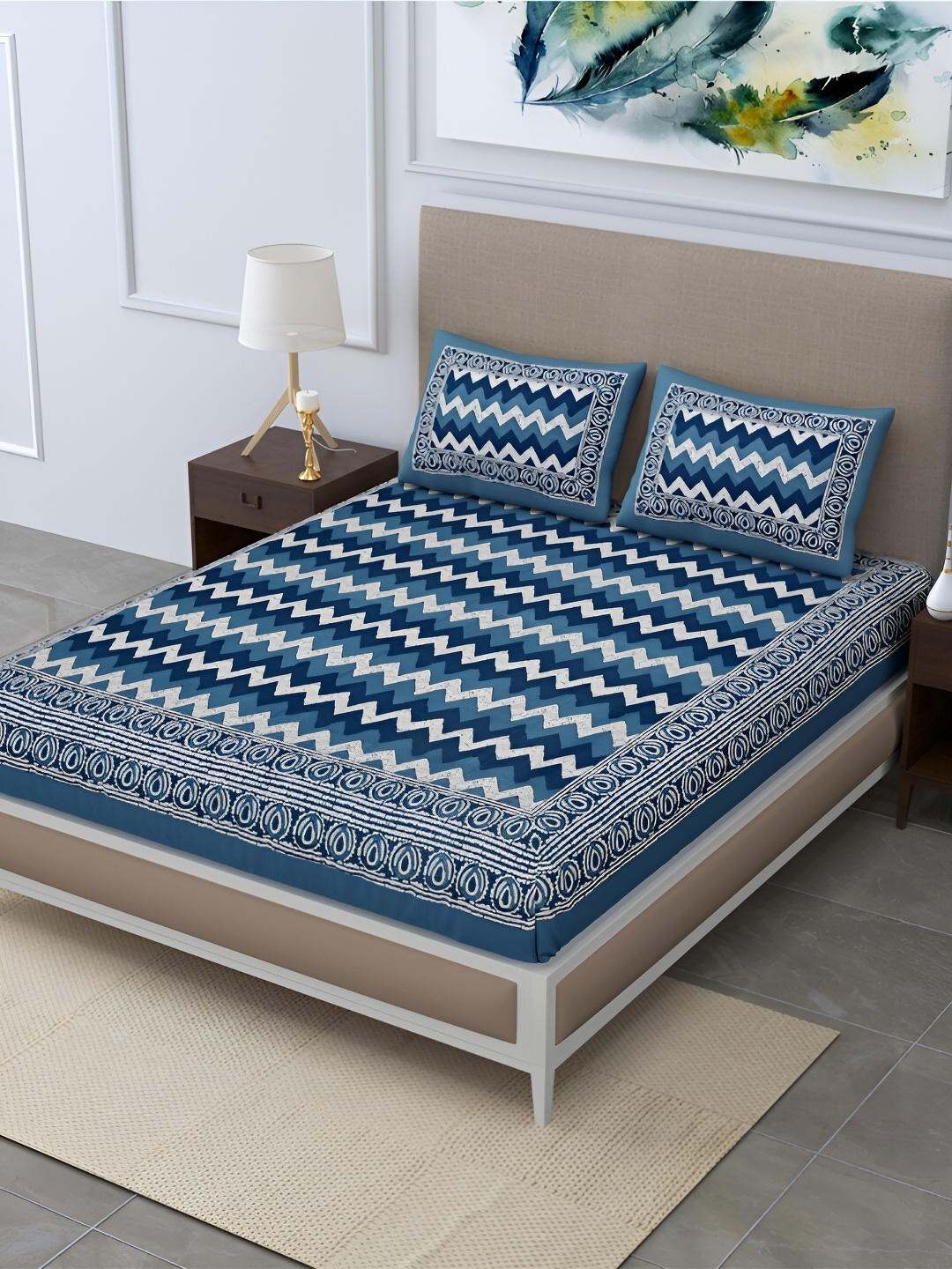 

POORAK Blue & White Geometric 104 TC Queen Bedsheet with 2 Pillow Covers