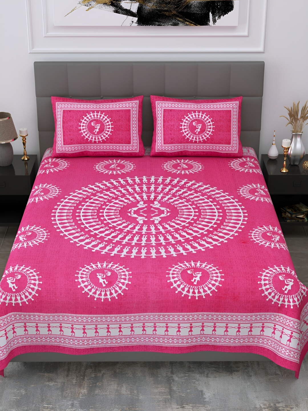 

POORAK Pink & White Ethnic Motifs 104 TC Queen Bedsheet with 2 Pillow Covers