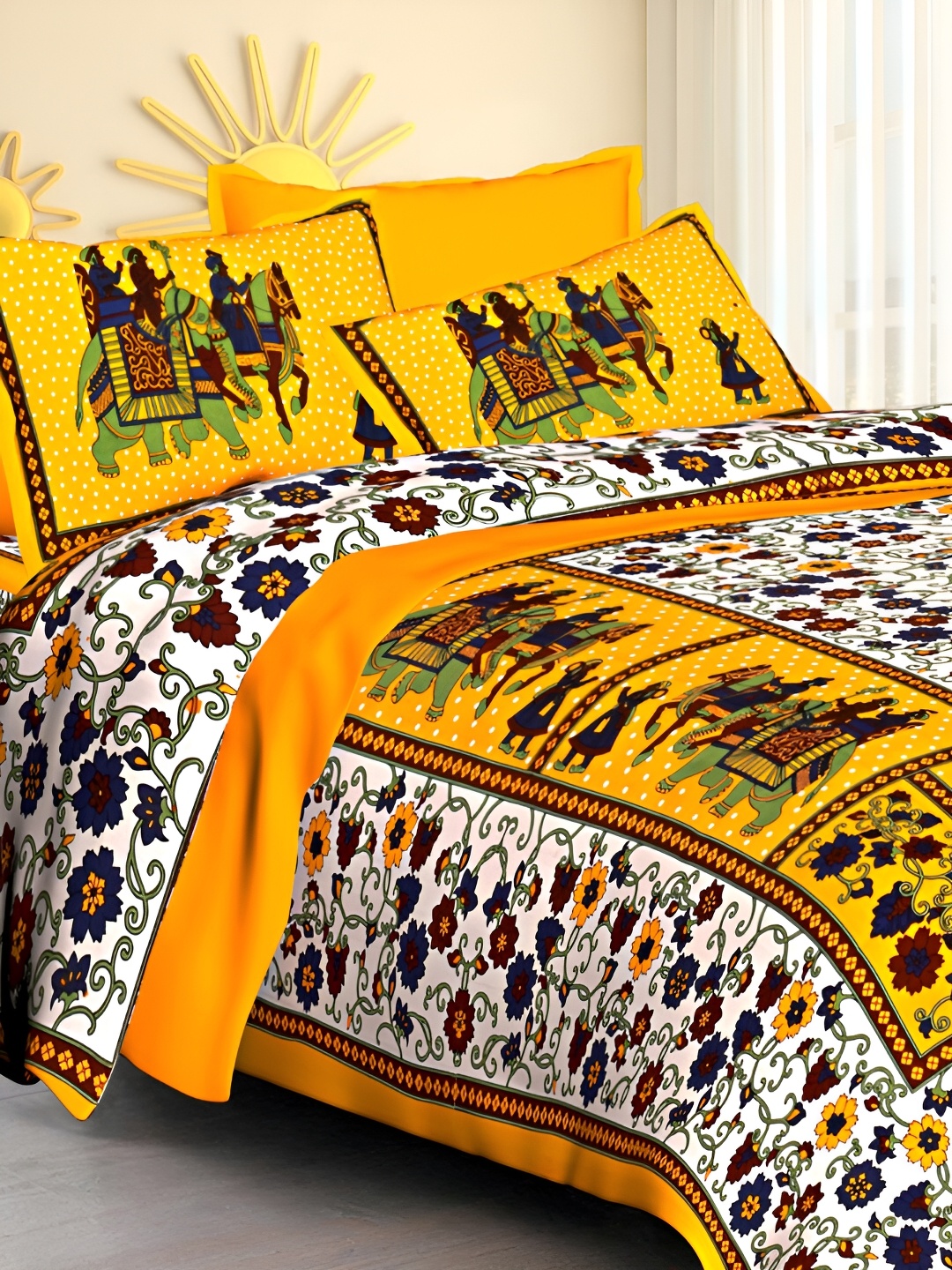 

POORAK Yellow & White Ethnic Motifs 104 TC Queen Bedsheet with 2 Pillow Covers
