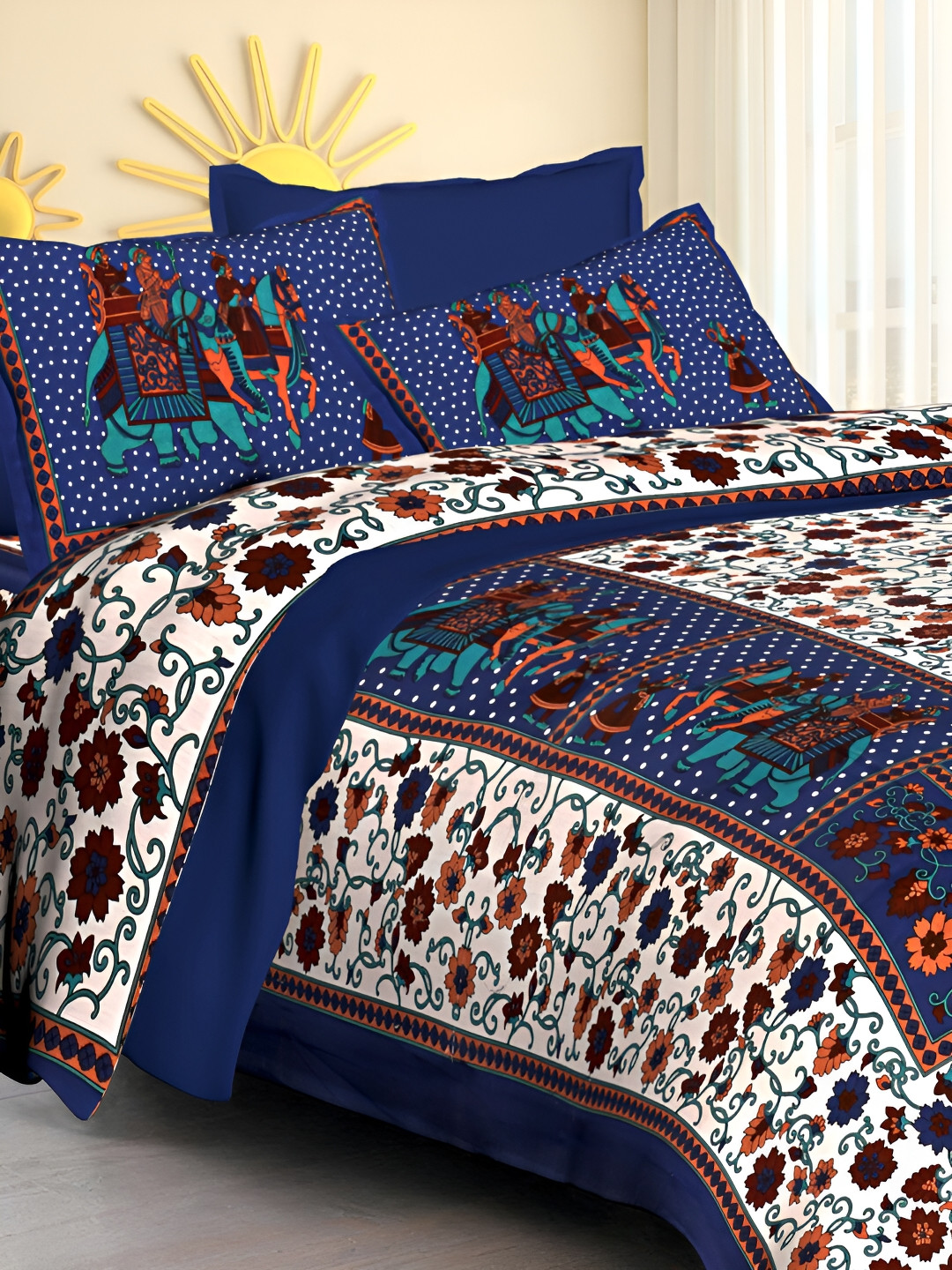 

POORAK Blue & White Ethnic Motifs 104 TC Queen Bedsheet with 2 Pillow Covers