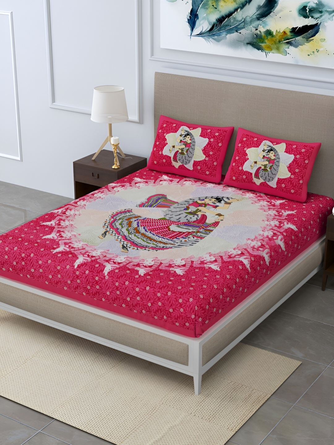 

POORAK Pink & White Ethnic Motifs 104 TC Queen Bedsheet with 2 Pillow Covers