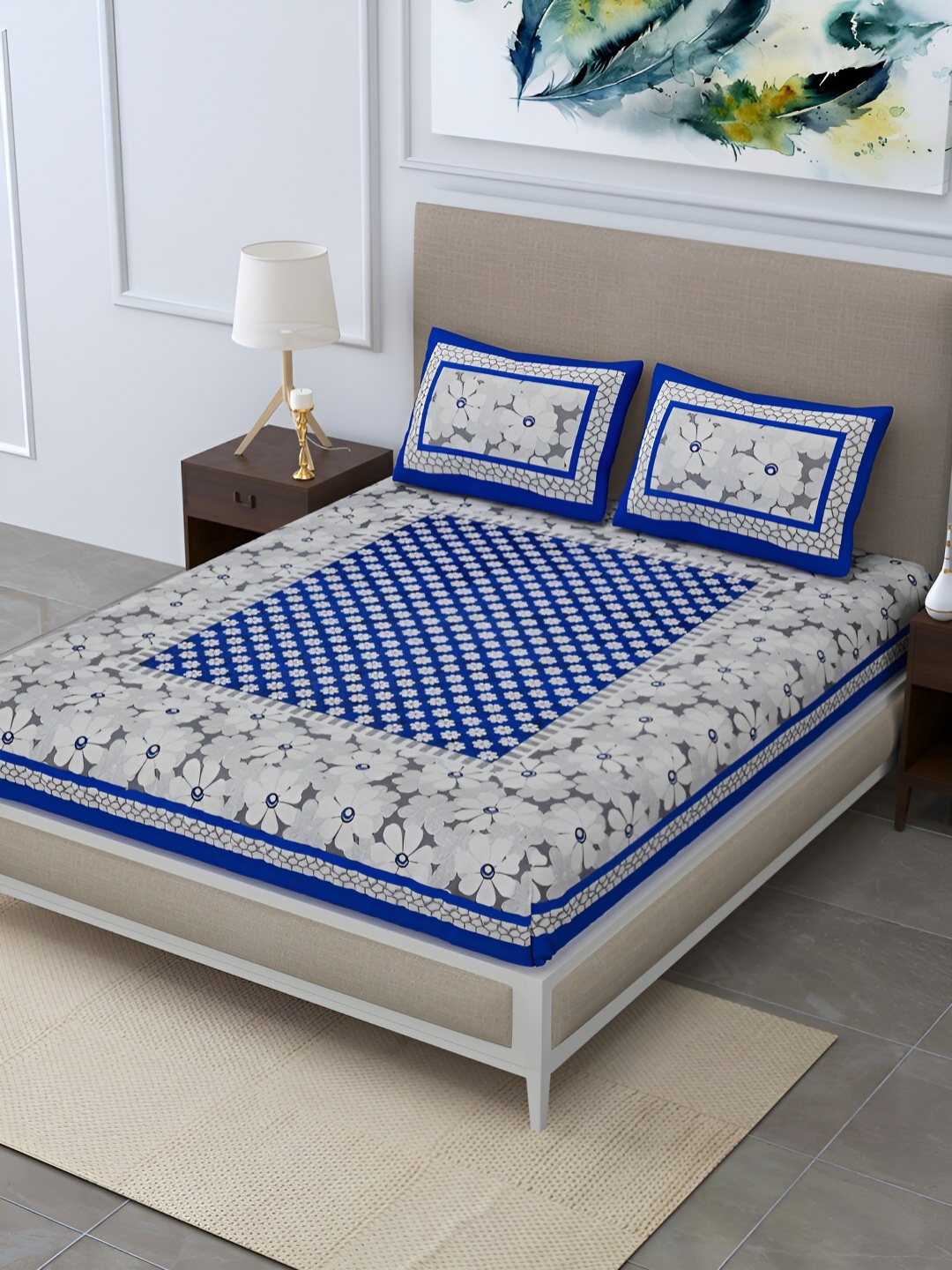 

POORAK Blue & White Floral 104 TC Queen Bedsheet with 2 Pillow Covers