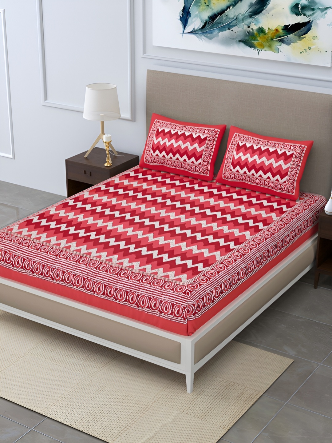 

POORAK Pink & White Graphic 104 TC Queen Bedsheet with 2 Pillow Covers