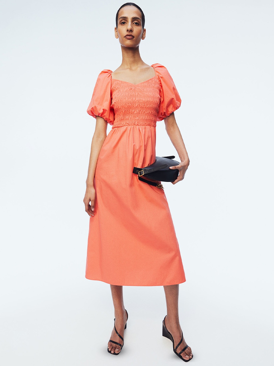 

H&M Smocked Cotton Dress, Orange