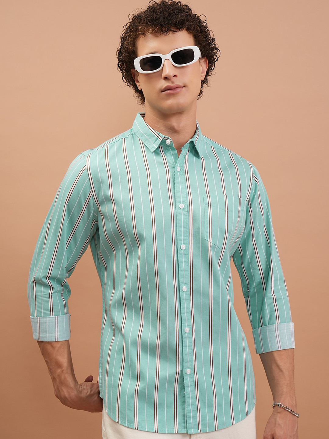 

Ketch Men Mint Reg Collar Striper Shirt, Green