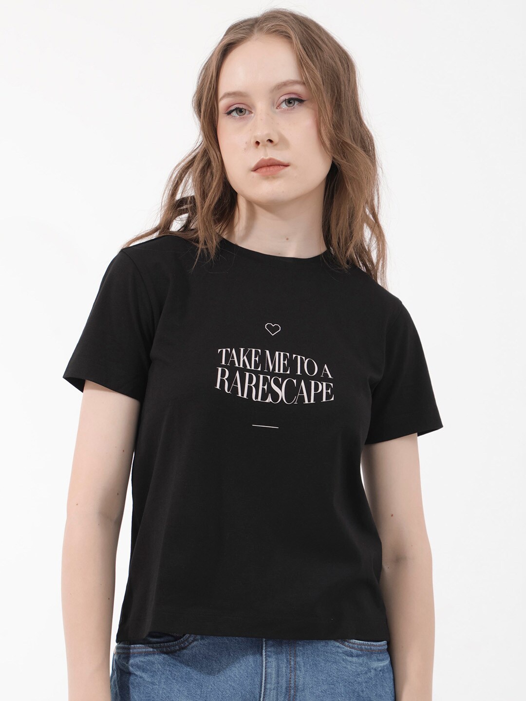 RAREISM Women Typography High Neck T-shirt, Black
