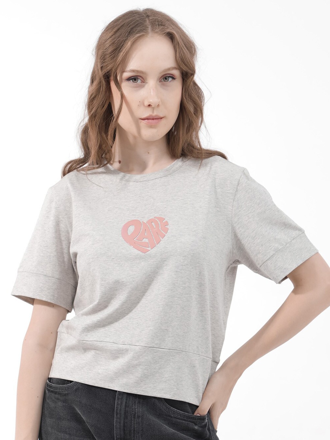 

RAREISM Women High Neck Extended Sleeves Pockets T-shirt, Grey
