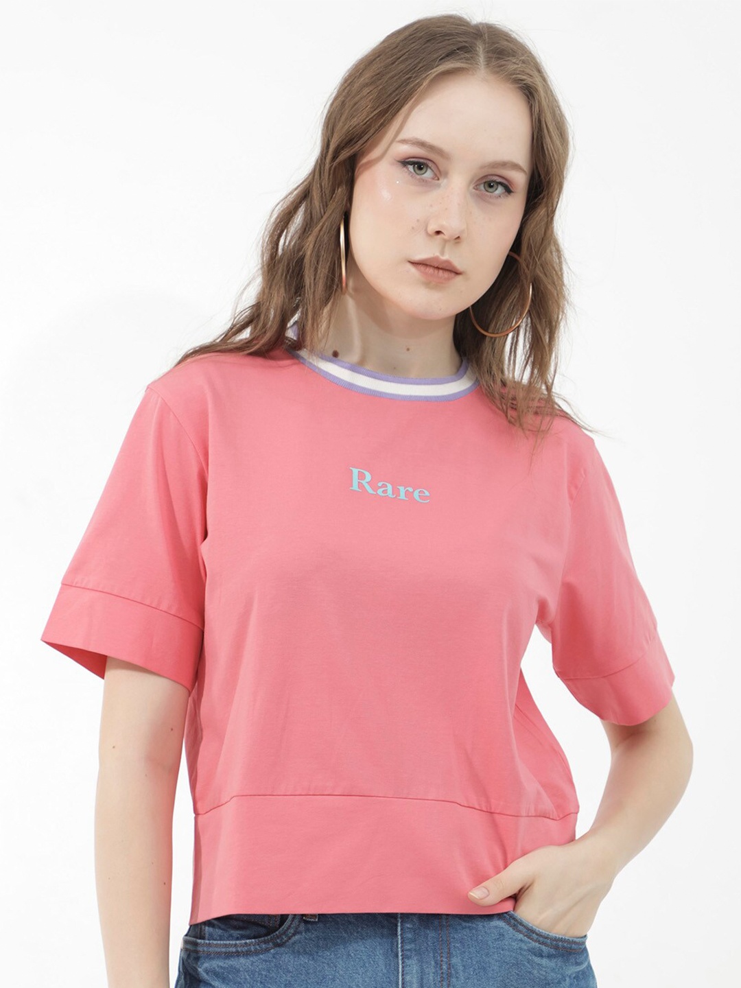 

RAREISM Women V-Neck Extended Sleeves T-shirt, Peach