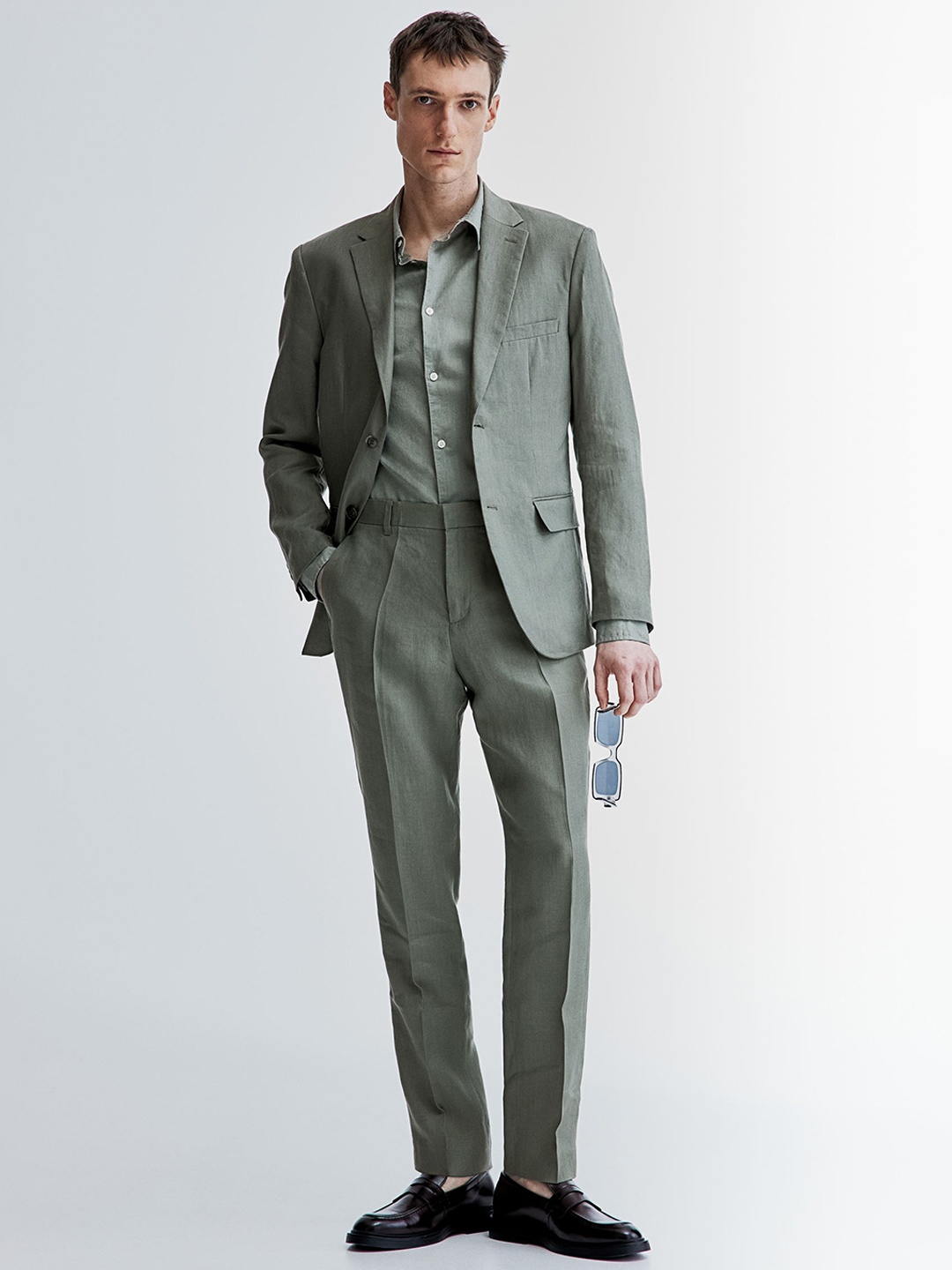 

H&M Men Slim Fit Linen Suit Trousers, Green