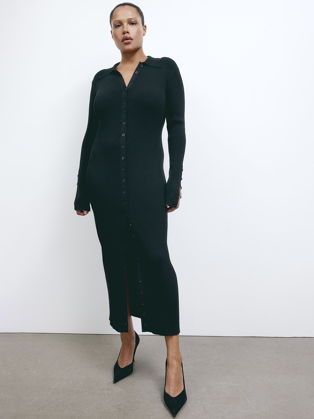 

H&M Rib-Knit Button-Front Dress, Black