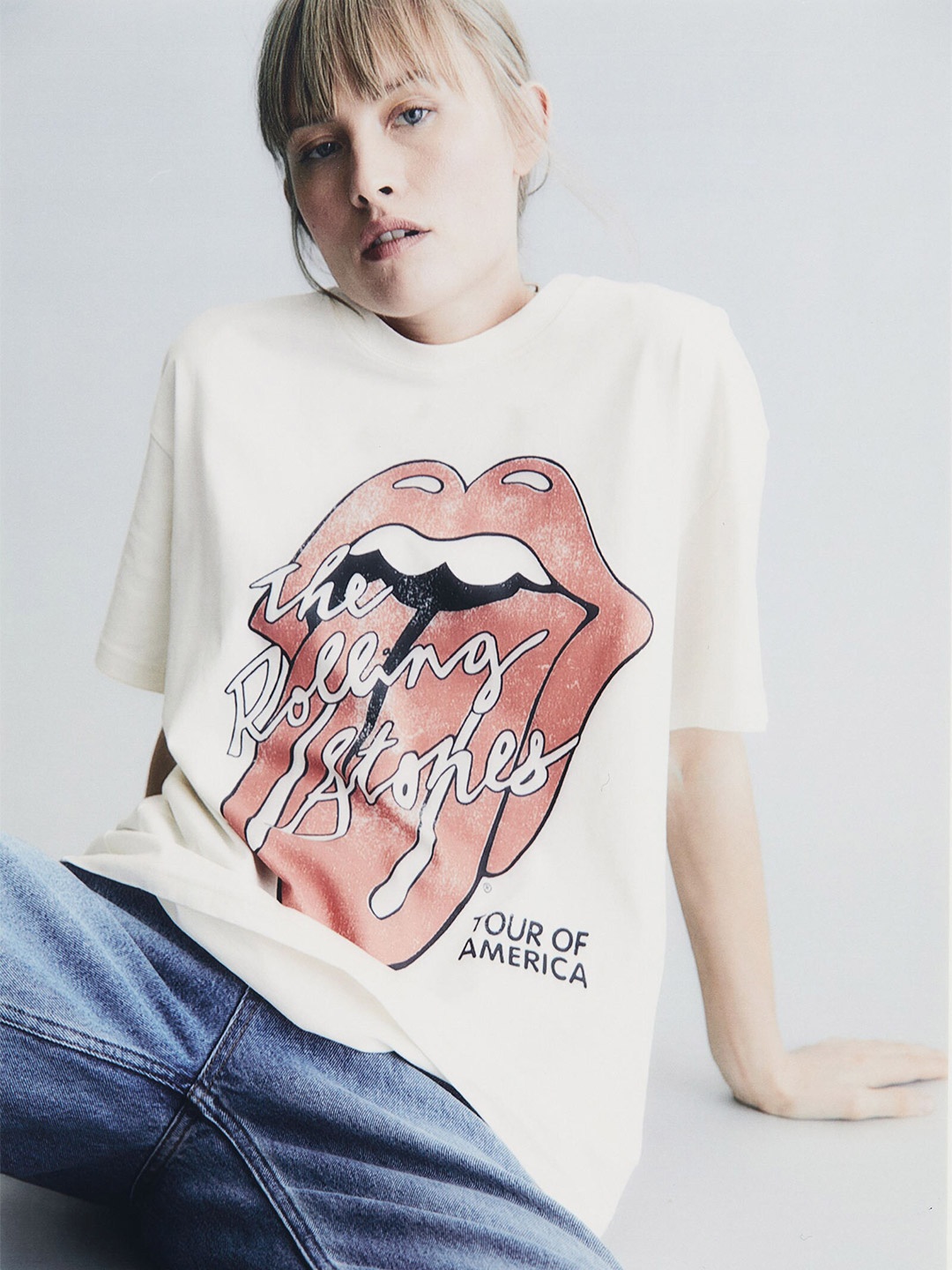 

H&M Cotton Oversized Printed T-shirt, Off white