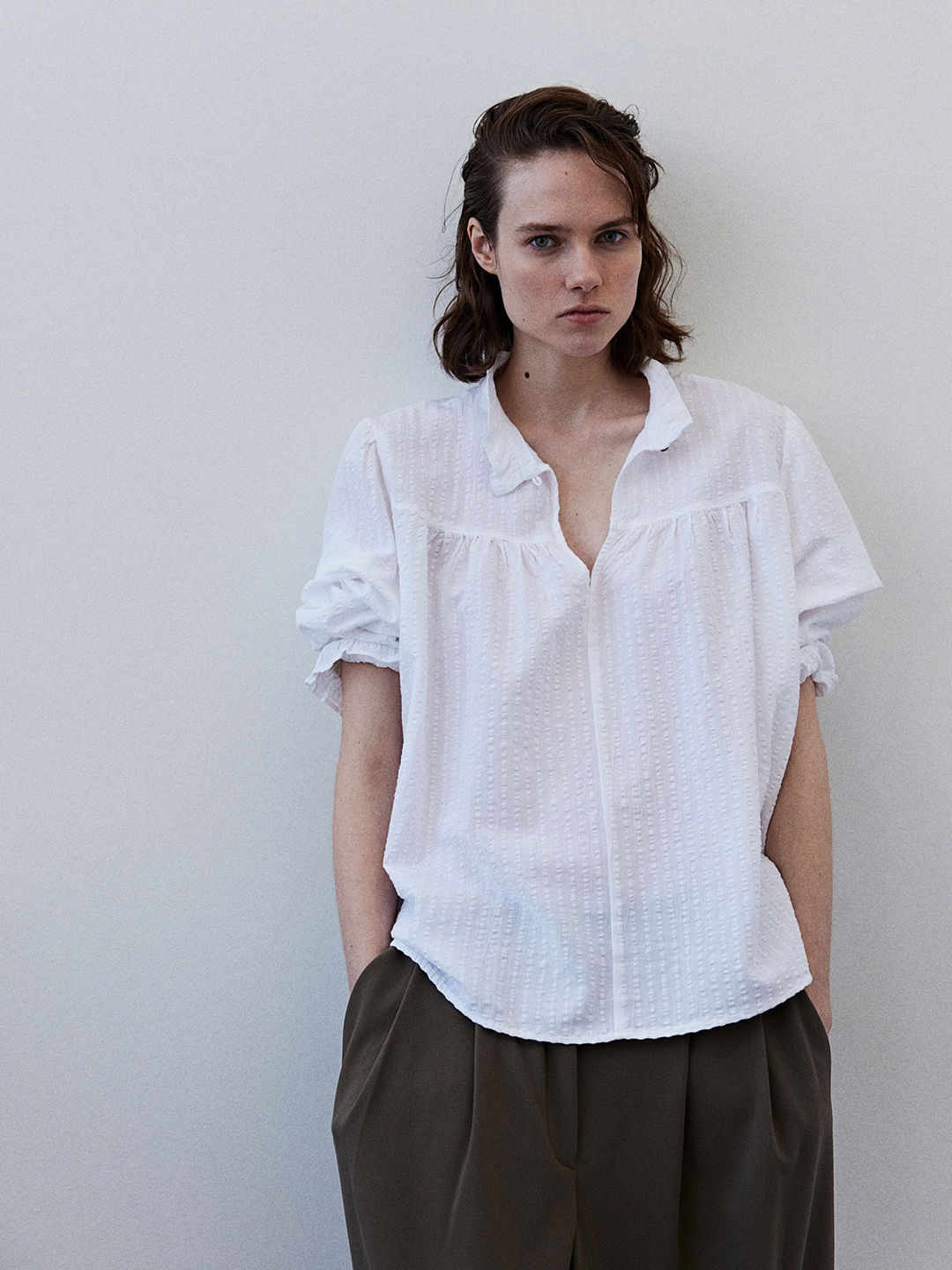

H&M Seersucker Popover Blouse, White