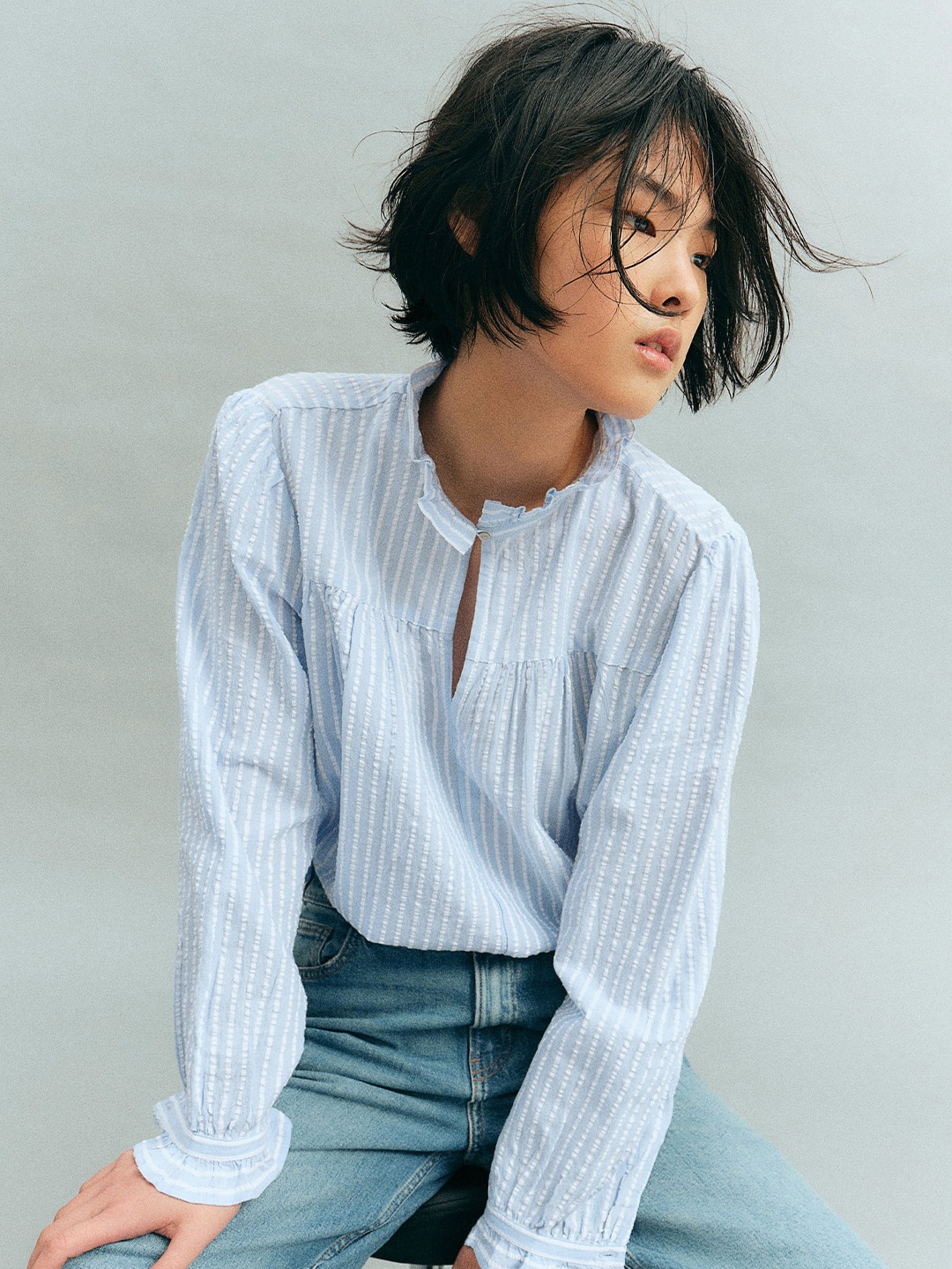 

H&M Seersucker Popover Blouse, Blue