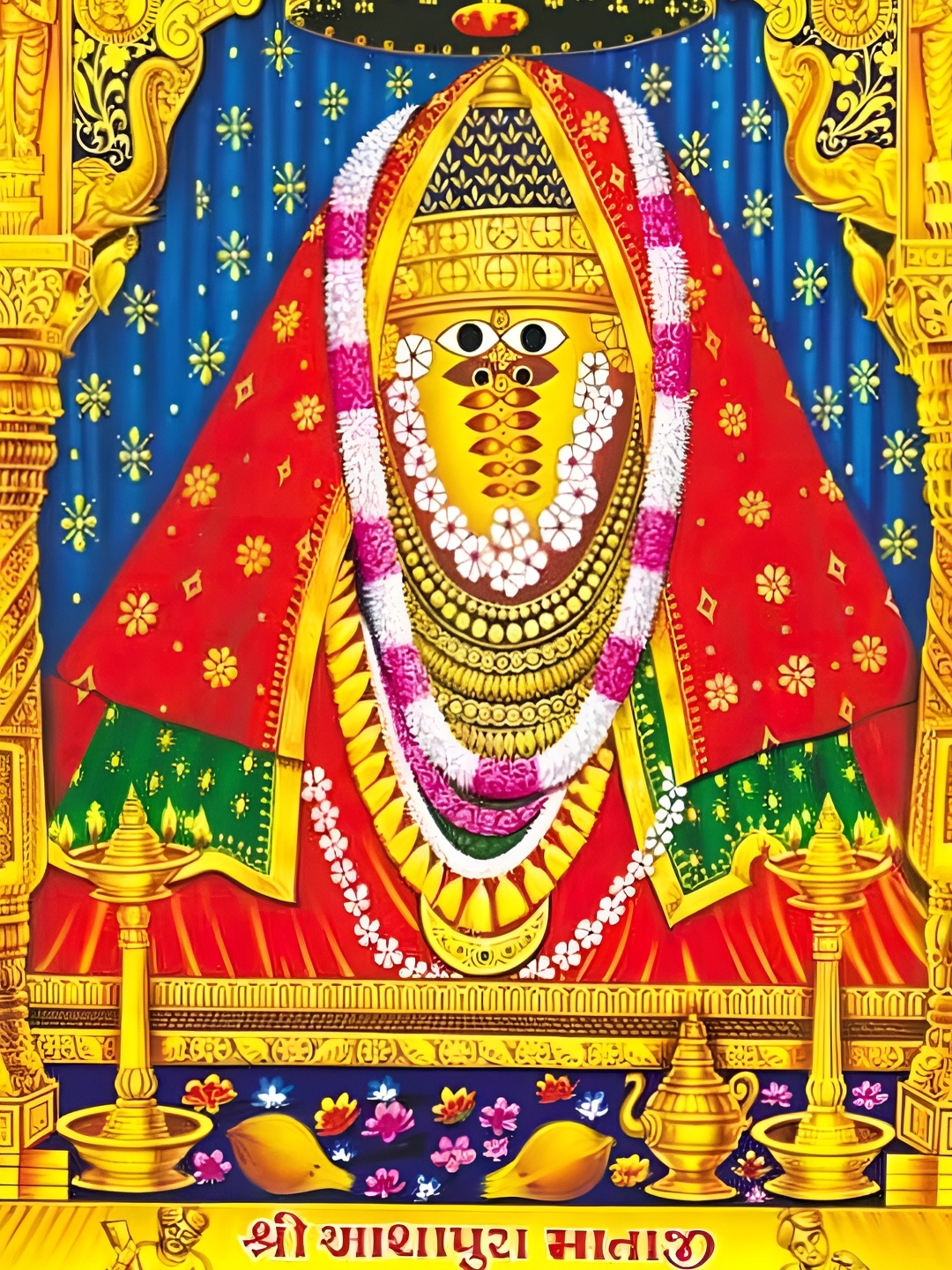 

British Terminal Yellow Red Goddess Ashapura Maa Religious Wall Painting