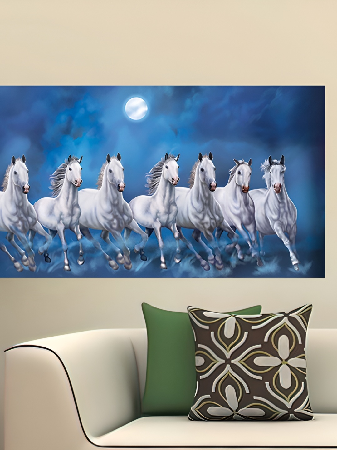 

British Terminal Blue & White Vastu Lucky Seven Horses Running At Sunrise Wall Poster