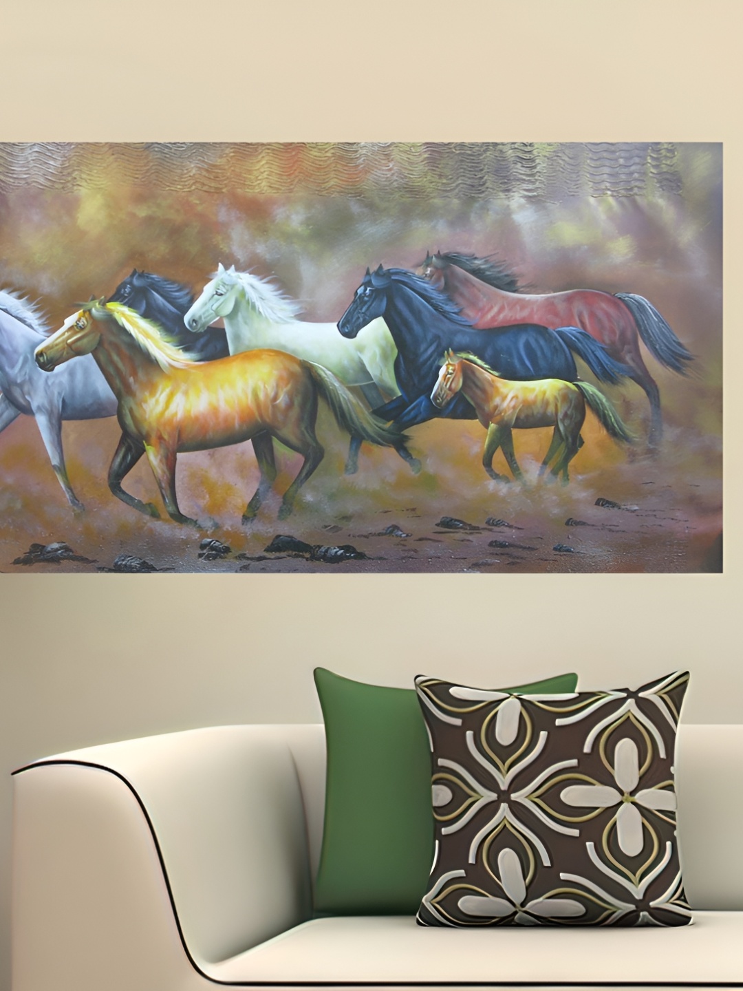 

British Terminal Yellow & Blue Religious Seven Horses Running At Sunrise Wall Poster